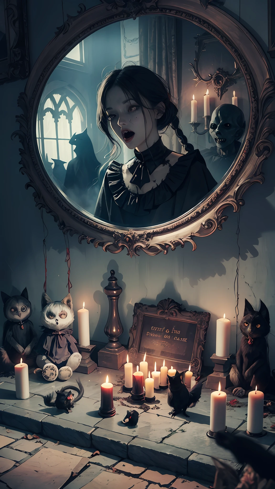 Haunted cemeteries, owls, sinister shadows, creepy abandoned houses, crows, evil spirits, black cats, creepy screams, cursed dolls, wolves, scary clowns, creepy rituals, grave robbers, creepy whispers, ghosts, possessed mirrors, haunted paintings, rats, creaky floors, mysterious disappearances, forbidden rituals, vampires