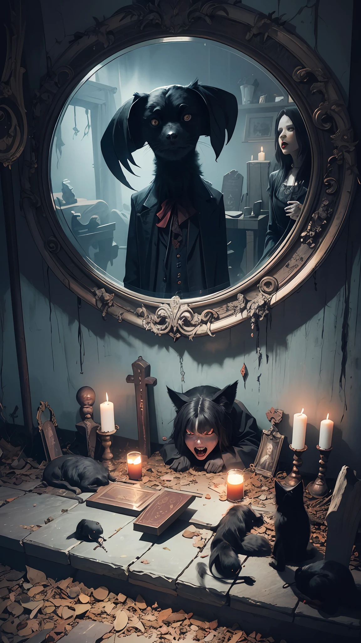 Haunted cemeteries, owls, sinister shadows, creepy abandoned houses, crows, evil spirits, black cats, creepy screams, cursed dolls, wolves, scary clowns, creepy rituals, grave robbers, creepy whispers, ghosts, possessed mirrors, haunted paintings, rats, creaky floors, mysterious disappearances, forbidden rituals, vampires