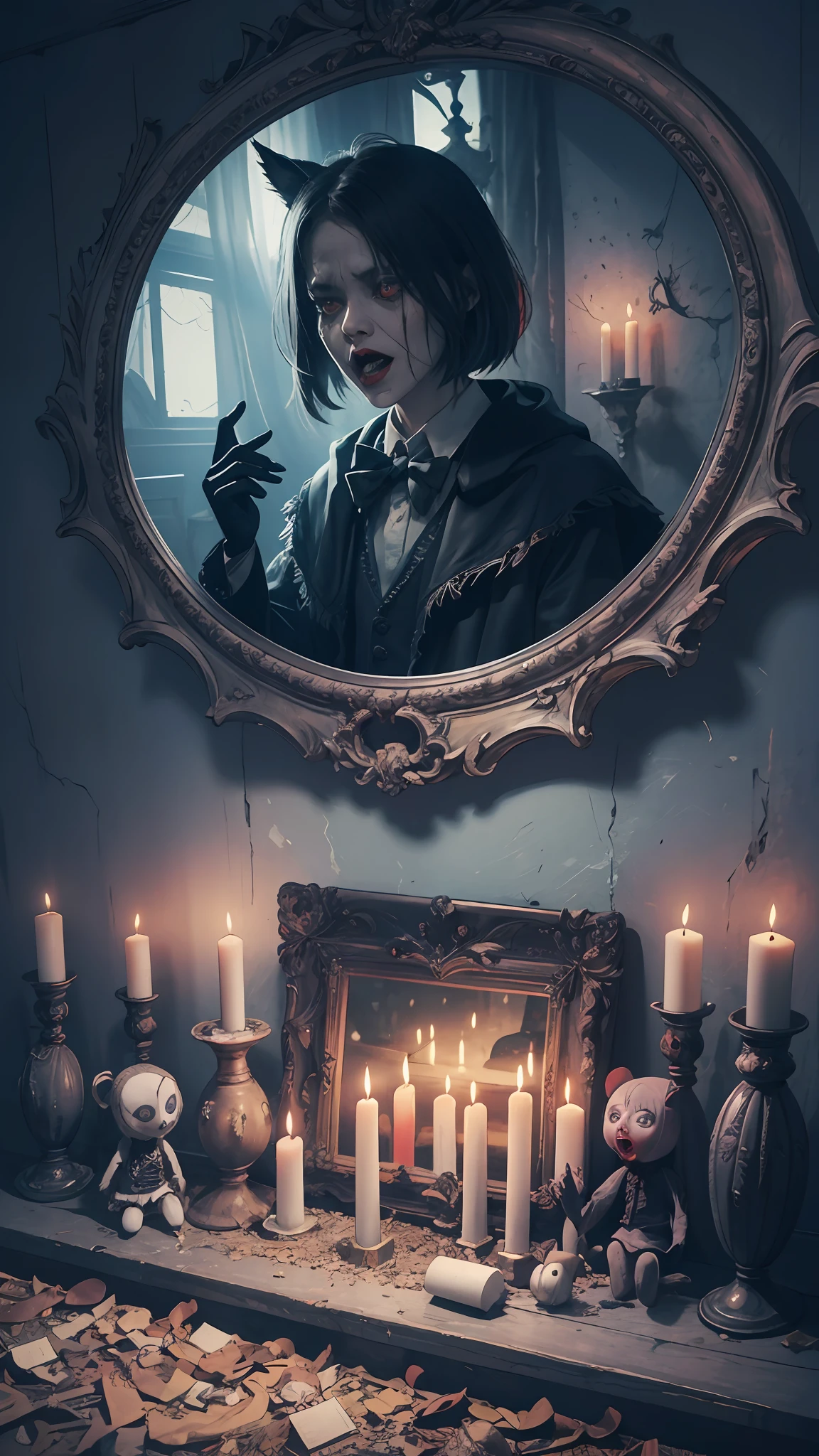 Haunted cemeteries, owls, sinister shadows, creepy abandoned houses, crows, evil spirits, black cats, creepy screams, cursed dolls, wolves, scary clowns, creepy rituals, grave robbers, creepy whispers, ghosts, possessed mirrors, haunted paintings, rats, creaky floors, mysterious disappearances, forbidden rituals, vampires