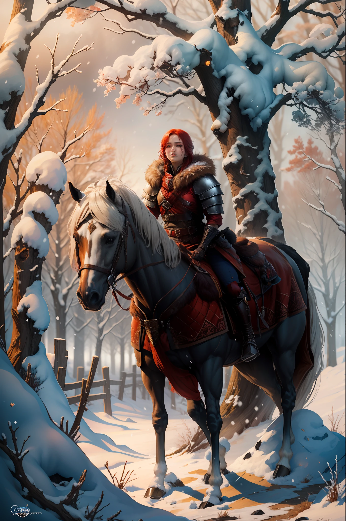 (masterpiece, top quality, best quality, official art, detailed:1.2), cerysW3, 1girl, solo, red hair, outdoors, scar on face, armor, tree, fur trim, knife, shoulder armor, snow, snowing, winter, horse, bare tree