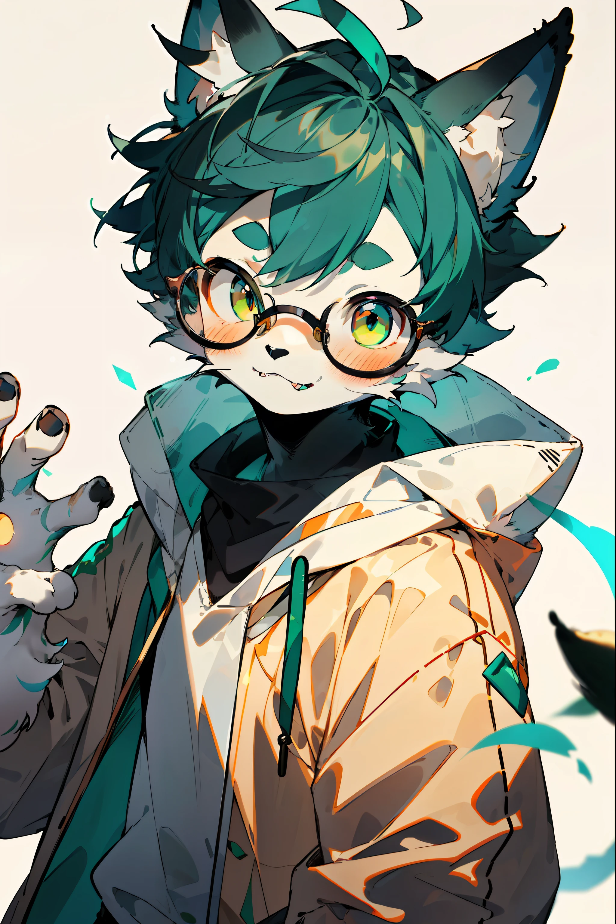 Depth of field, perfect lighting, light particles, (best quality), (masterpiece), (ultra-detailed), sharp focus, light particles, a boy in a white hoodie with black glasses, furry, (blue-green hair), beige background, sticking out tongue, selling cute, blushing, happy expression, (white animal cat ears), golden eyes