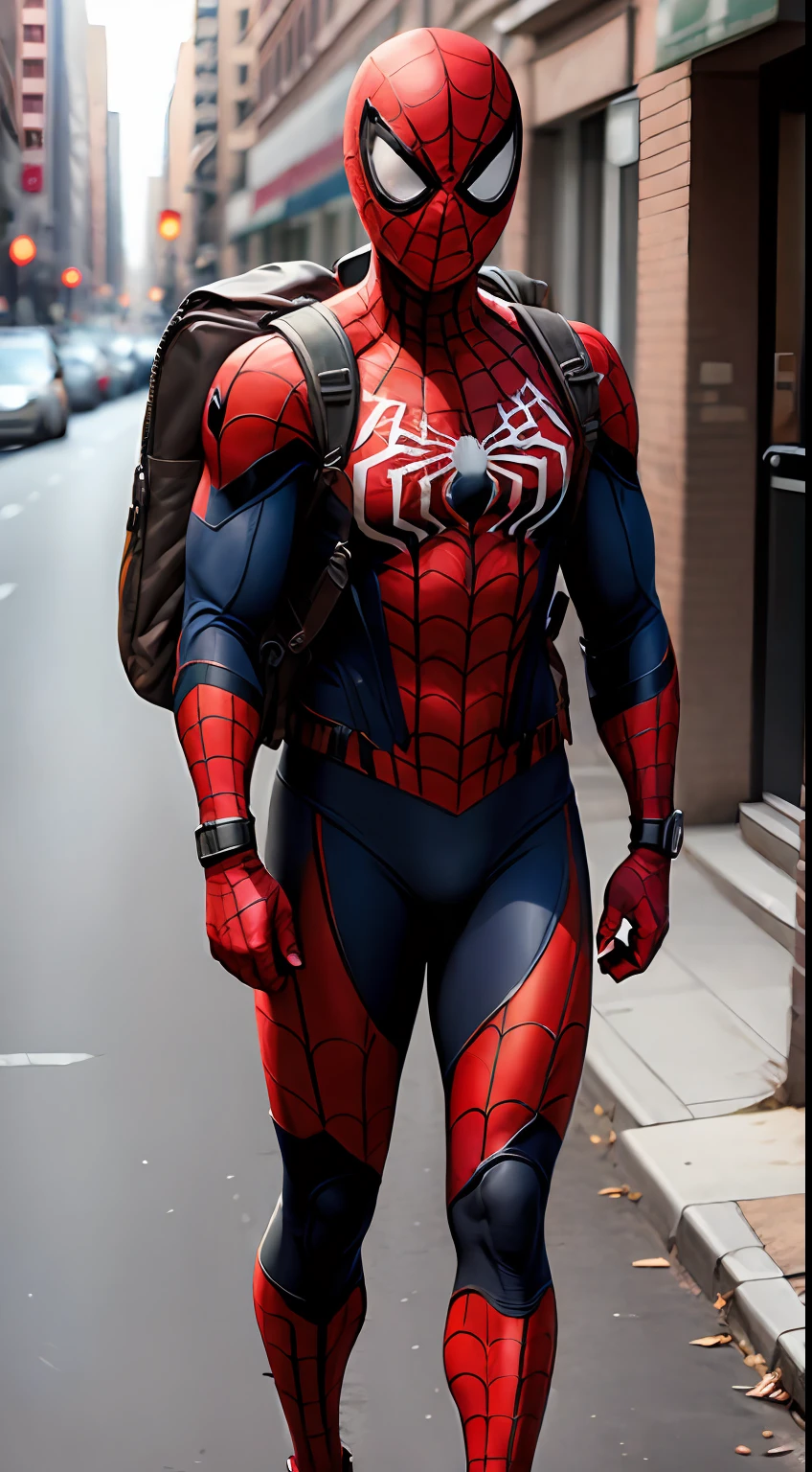 Spider-Man wearing a large red, realistic, 8K, full-body delivery backpack --auto