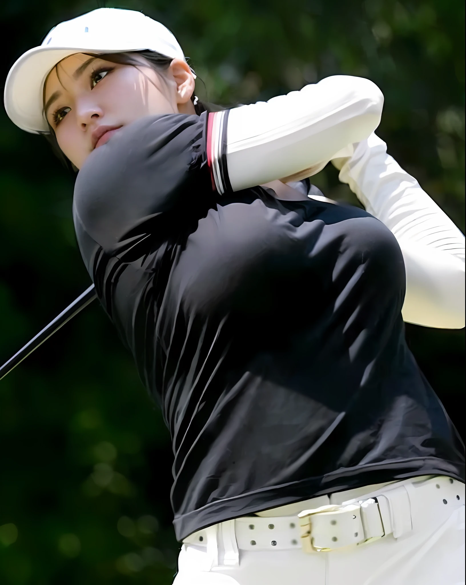 (((1girl)), Solo, 8k, raw, portrait,Japan girl, ultra high definition, best quality, break (perfect face:1.2,golf,tee shot,white cap,white arm cover,golf glove,tight fitted black polo shirts,ultra huge breast,no bra,nipple),BREAK (ulzzang_6500,natural skin texture,detailed skin, hyperrealism,ultra sharpness,intricate details,high resolution, room lighting),18years old