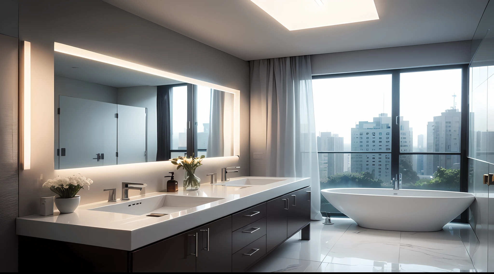There is a large bathroom with a large window and a sink, modern bathroom, luxury condo interior, modern design, mirror and glass surfaces, motivational, premium bathroom design, white marble walls, marble and wood and glass, ultra realistic "ultra realistic", look for details, vivid attention to detail, floor-to-ceiling windows, with elegant lines and a powerful, from a great highlight to the marble making it bright, sun coming from the windows --auto