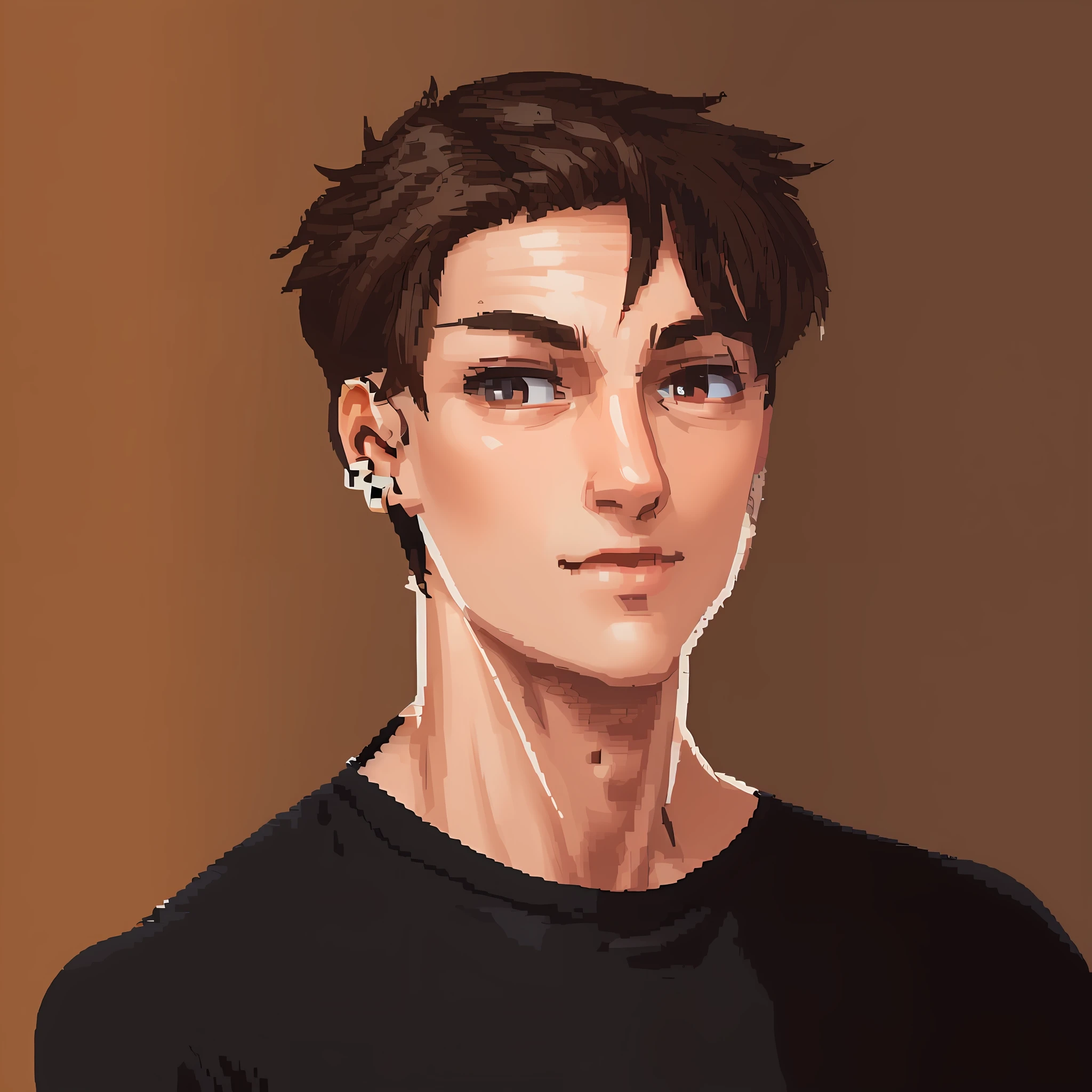 ((pixelart)) 1guy, solo, brown hair, plain background, white background, portrait, (brown hair: 1.3), (black t-shirt), pixel art, pale skin, brown eyes