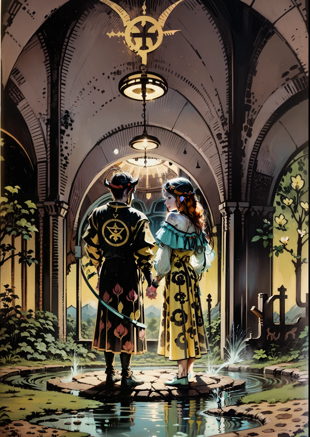 Make a tarot-style picture of a couple, and then reflect their two faces, the couple standing hand in hand in a waterhole, the shadows below are two devils, above the waterhole are ordinary humans, and the reflection of the water is the devil
