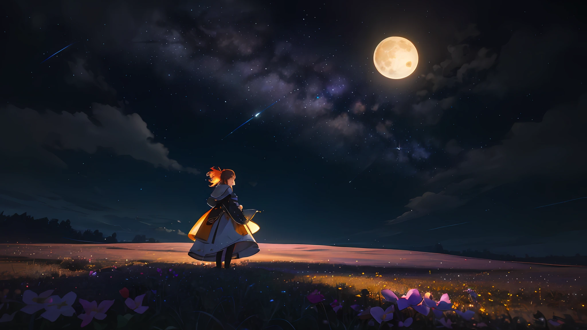 A wide landscape photo, (viewed from below, the sky is above, and the open field is below), a girl standing on a flower field looking up, (full moon: 1.2), (meteor: 0.9), (nebula: 1.3), distant mountains , Trees BREAK Crafting Art, (Warm Light: 1.2), (Firefly: 1.2), Lights, Lots of Purple and Orange, Intricate Details, Volumetric Lighting BREAK (Masterpiece: 1.2), (Best Quality), 4k, Ultra Detailed, (Dynamic Composition: 1.4), Rich in Detail and Color, (Rainbow Color: 1.2), (Glow, Atmospheric Lighting), Dreamy, Magical, (Solo: 1.2)