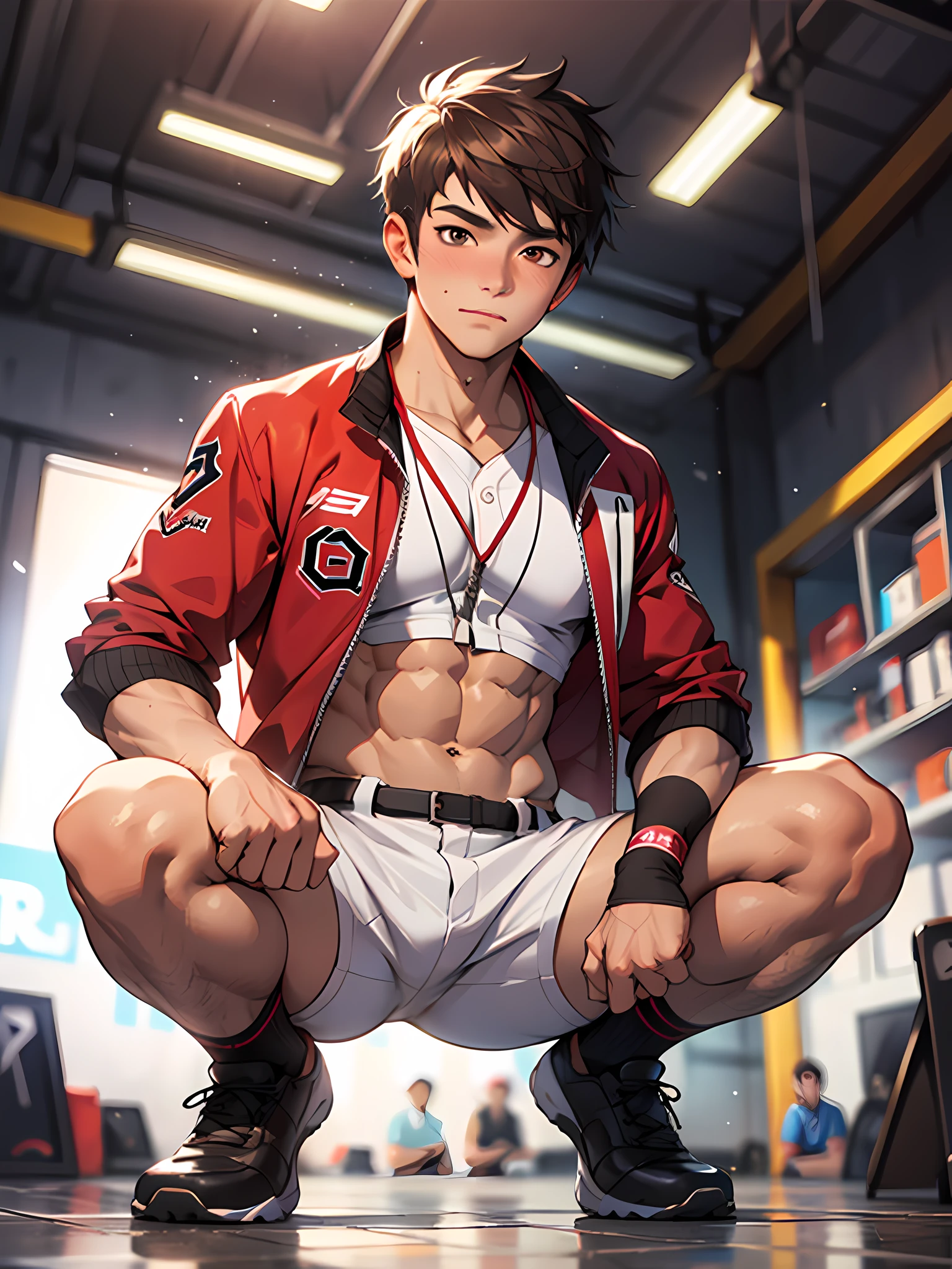 (masterpiece, best quality), 1man, muscular, bright colors, (depth of field: 1.2), sunny, bright, high exposure, 1boy, short hair, brown eyes, complex, (dressing room), full body, white baseball uniform, open red jacket, bright colors, (depth of field: 1.2), (abs), blushing, looking at the audience, crouching on the floor with hands behind you,