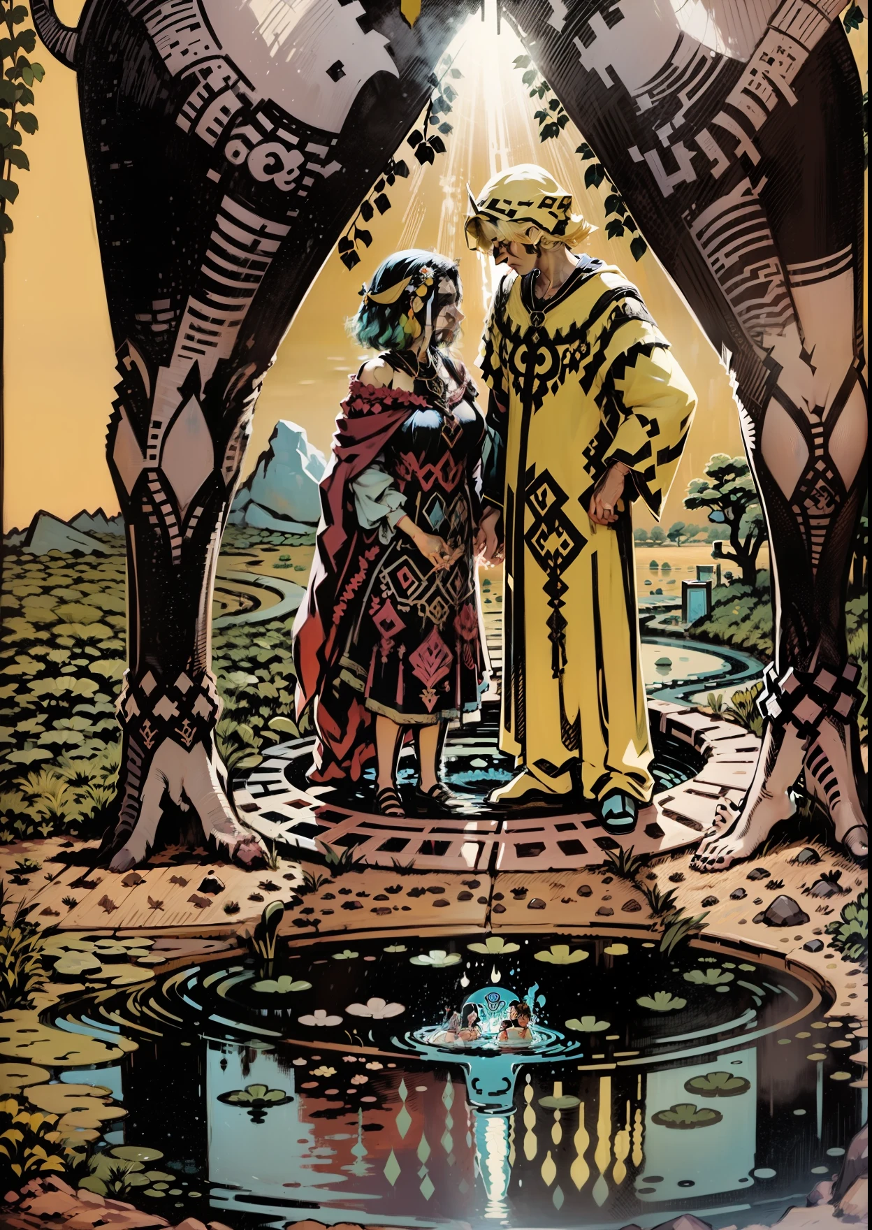 Make a tarot-style picture of a couple, and then reflect their two faces, the couple standing hand in hand in a waterhole, the shadows below are two devils, above the waterhole are ordinary humans, and the reflection of the water is the devil