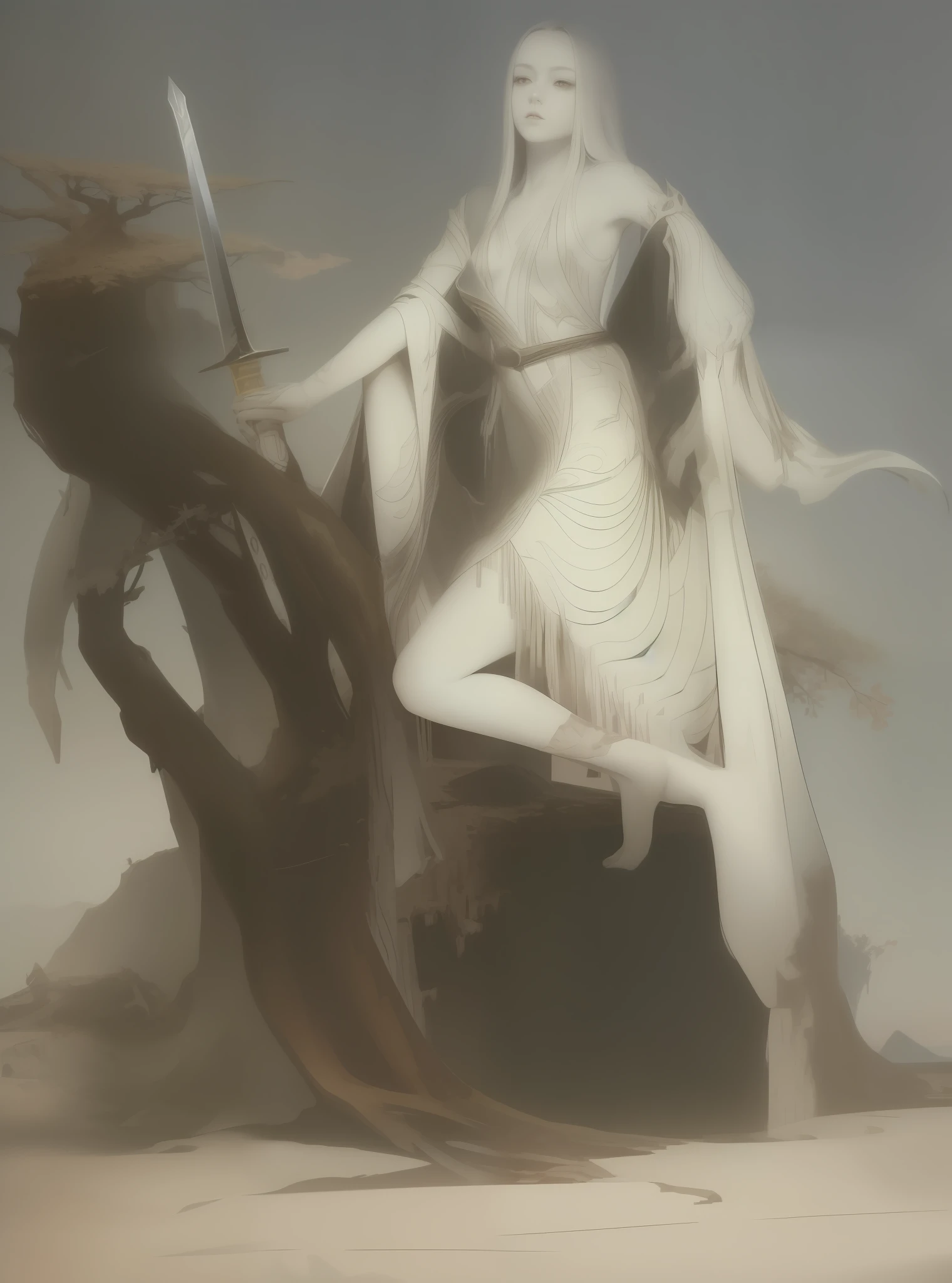Beautiful woman with sword in hand by the dead tree on the cliff, woman with accurate body structure, anatomically correct, ccurate, white skin, red clothes, white bones on the ground, pointed peaks, strange mountains, bright natural colors, cold colors. Photographic Effects, Best Quality, Masterpiece, Ultra High Resolution, (True:1.4), Original Photo, 1girl, (Small Breasts)