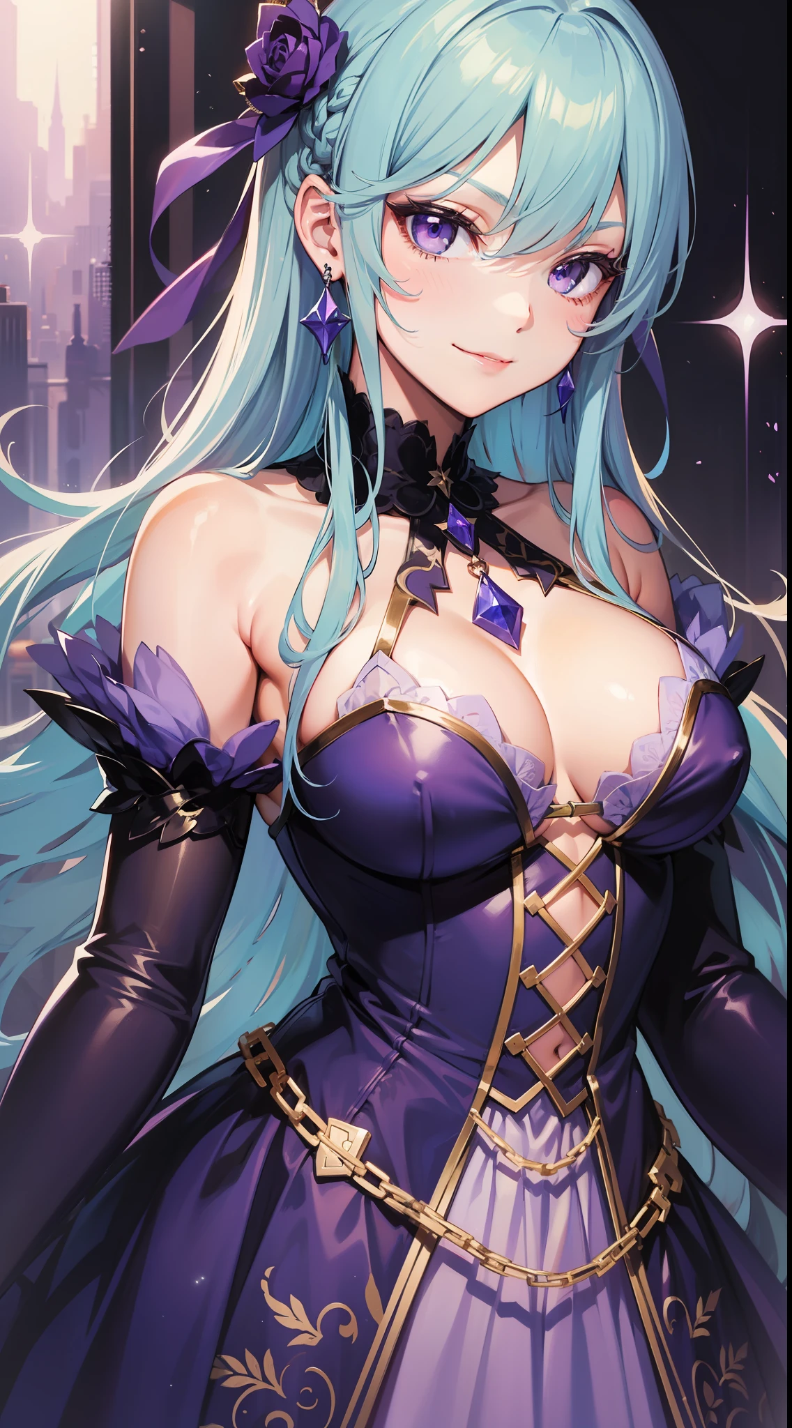 Young girl, long light blue hair, purple eyes, smirk, purple princess dress, chest neckline, masterpiece, high quality