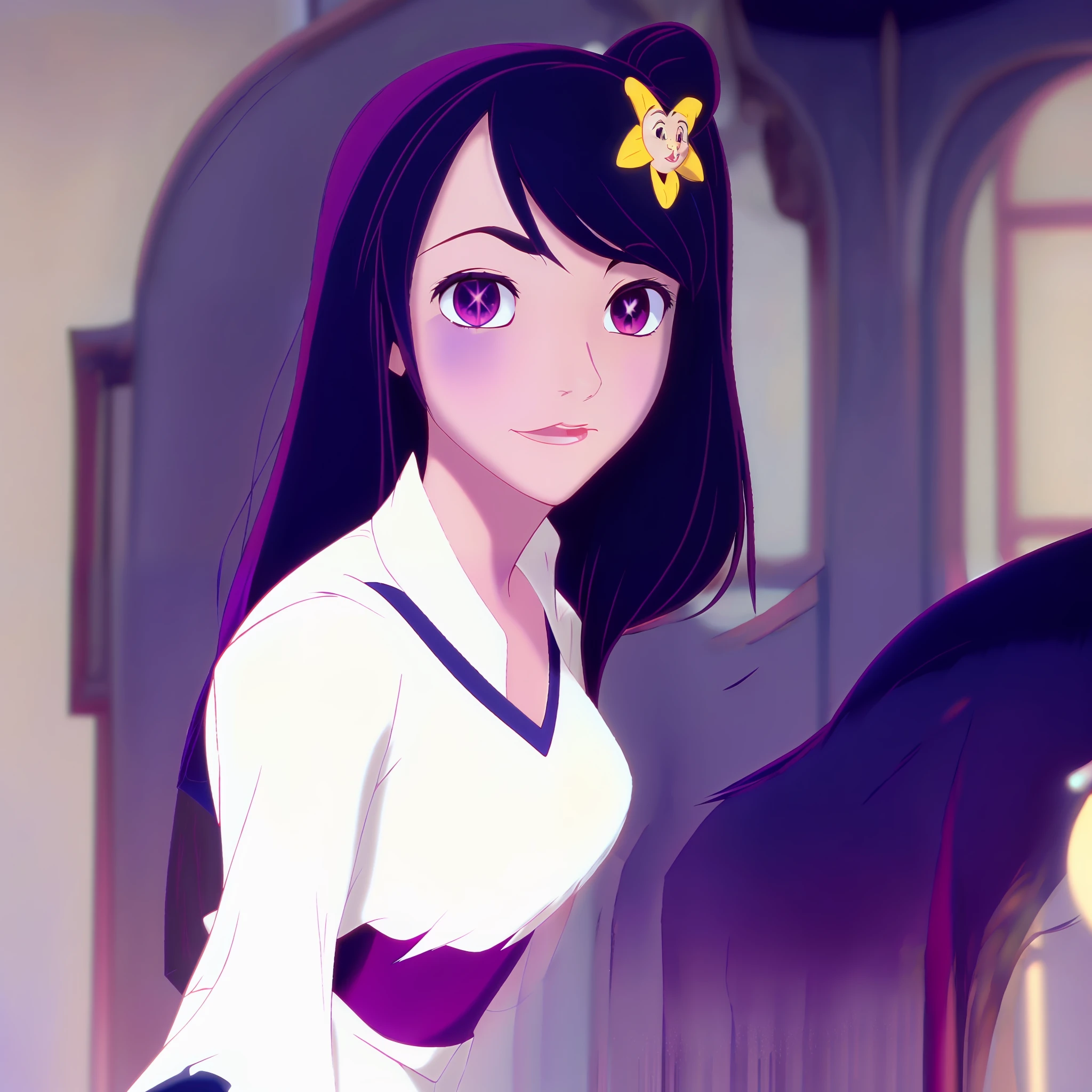 disney style Hoshino Ai, long hair, purple hair, streaked hair ,purple eyes, star-shaped pupils, hair ornament,