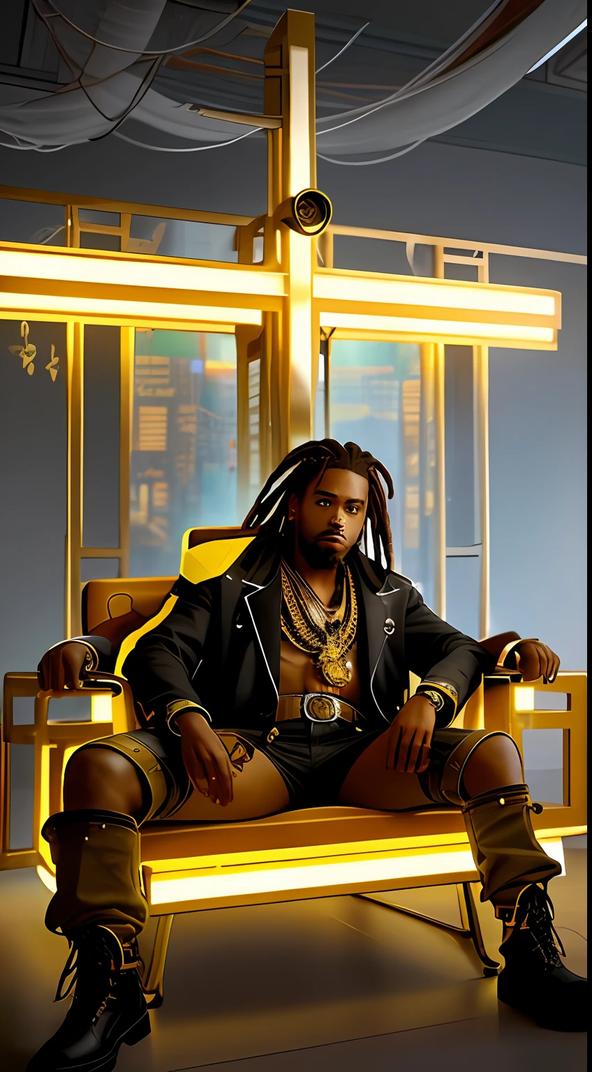 Sitting in a chair and head down a man with light brown skin and black Rastafarian hair, in his hand something remarkable a golden crucifix that shines brightly, wears clothes with thick fabric and boots very reminiscent of a futuristic cyberpunk American cowboy, in a futuristic hospital all in white