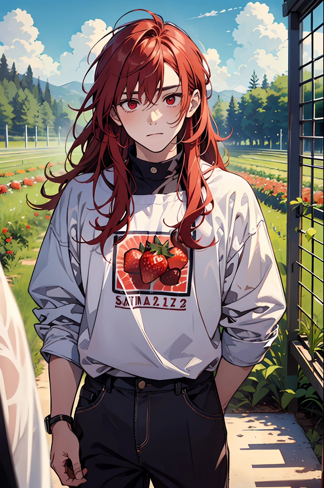 (masterpiece, best quality), 1 male, teenager, strawberry farm, red hair, red eyes, shy face, portrait
