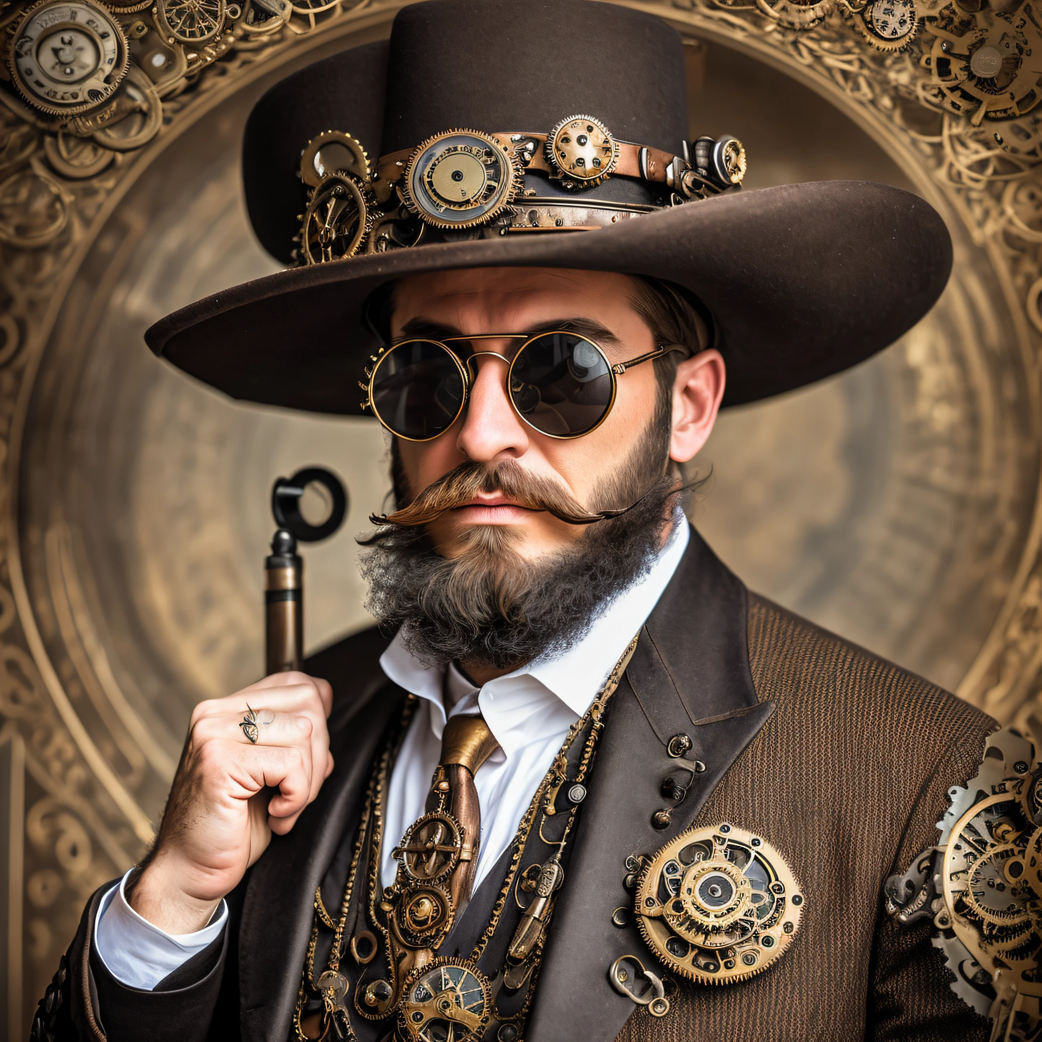 ((Full IMAGE INCLUDING HIS LEGS)) gentleman in the hat with beard, Victorian era, ((steampunk)), cinematography, crafted, elegant, meticulous, magnificent, ((PERFECT ANATOMY)), maximum details, extremely hyper aesthetic, intricately detailed