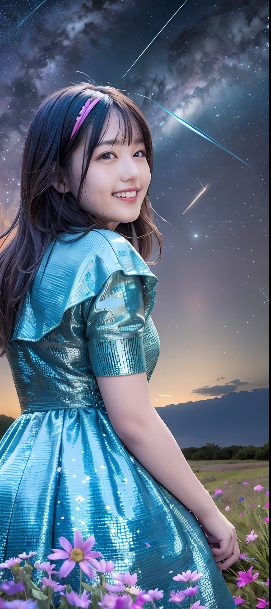 1 girl, girl from the distance, wearing turquoise dress armor, with iridescent hair, staring at the stars, (zoom out: 1.1), (meteor shower: 1.2), (comet: 1.1), low angle, from behind, aurora, surrounded by shooting stars, petals, standing in the field, best quality, masterpiece, clouds, colorful, starry sky, stars, live-action, realistic, smile, happy face