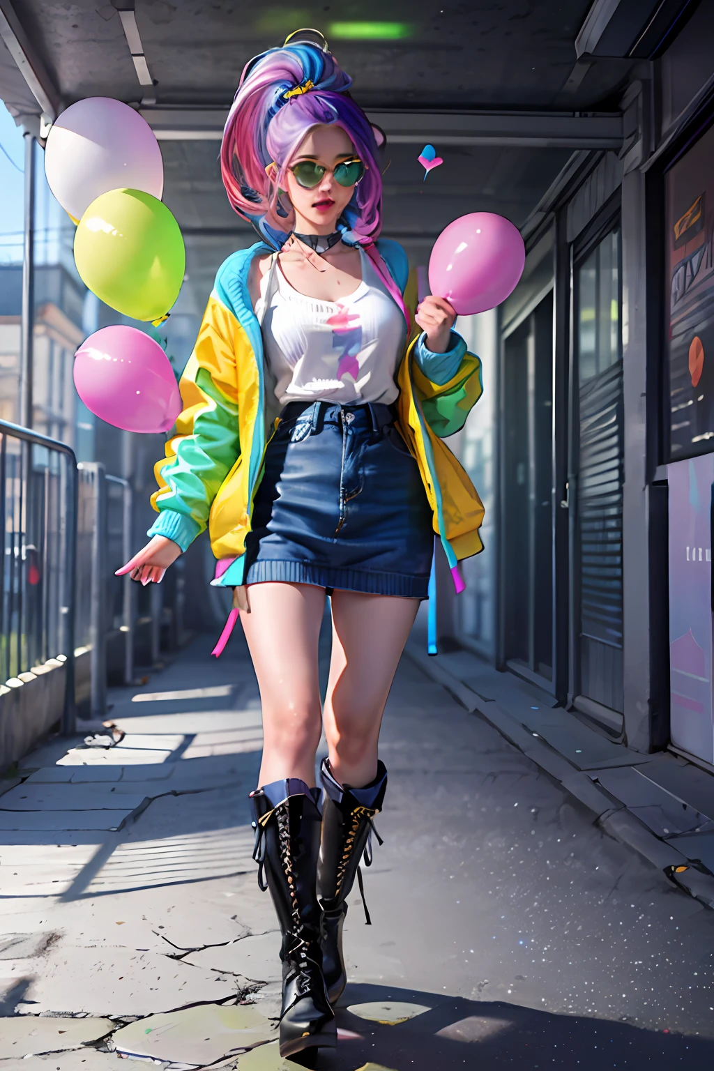 masterpiece, best quality, 1 girl, pretty and cute, (rainbow color Highlight Hair,colorful hair:1.4), wearing blue and purple sunglasses, yellow jacket with white pattern, white sweater, many colored balloons, doll face, ponytail braid, perfect detail eyes, delicate face, perfect cg, HD quality, colored balloons, sky ,black boots