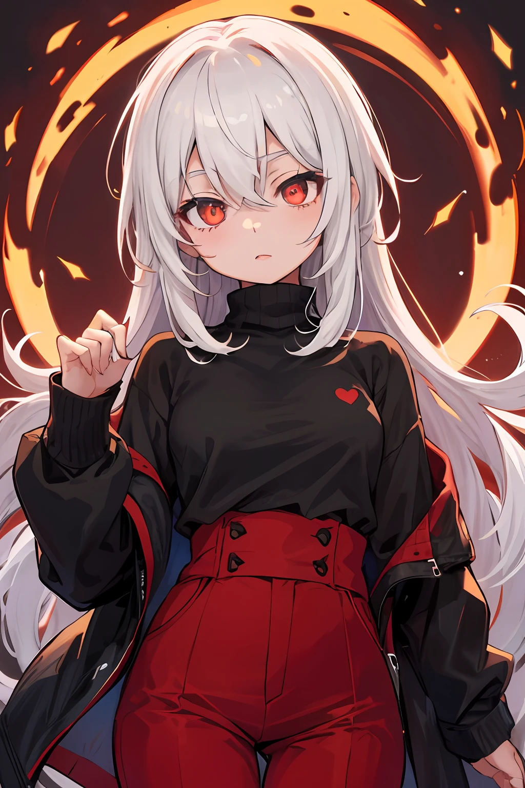 (masterpiece:1.2, best quality) 1girl, tanned skin, brown and white hair, red glowing eyes, detailed eyes, turtleneck black sweater, short red pants, black heart symbol bellow right eyes