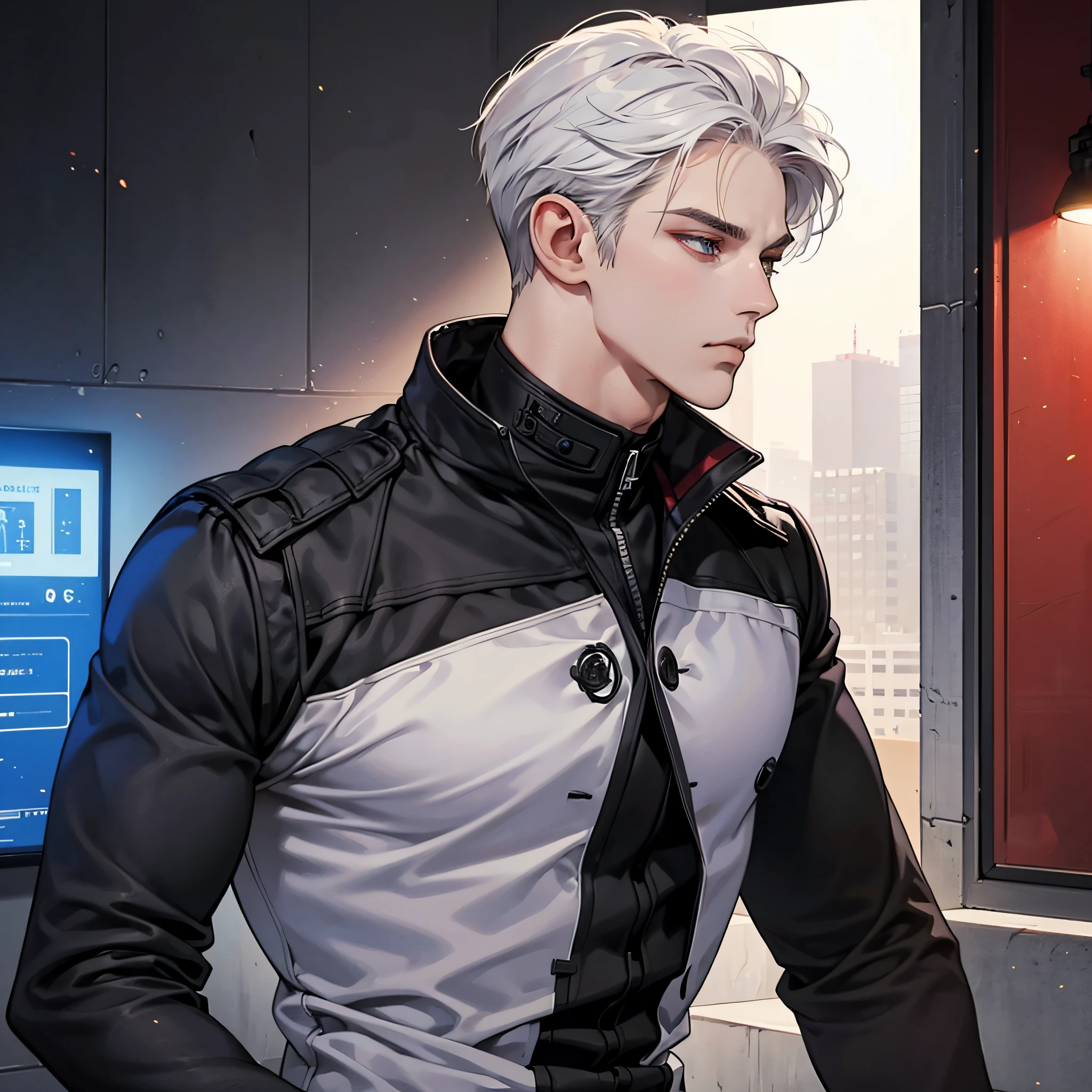 ((Masterpiece, Top Quality, Cinematic Light)), Adult, Male 1, Handsome, tall muscular man, broad shoulders, delicate eyes and delicate face, white hair, detailed background, subway background, black clothes, pouty hair, --auto