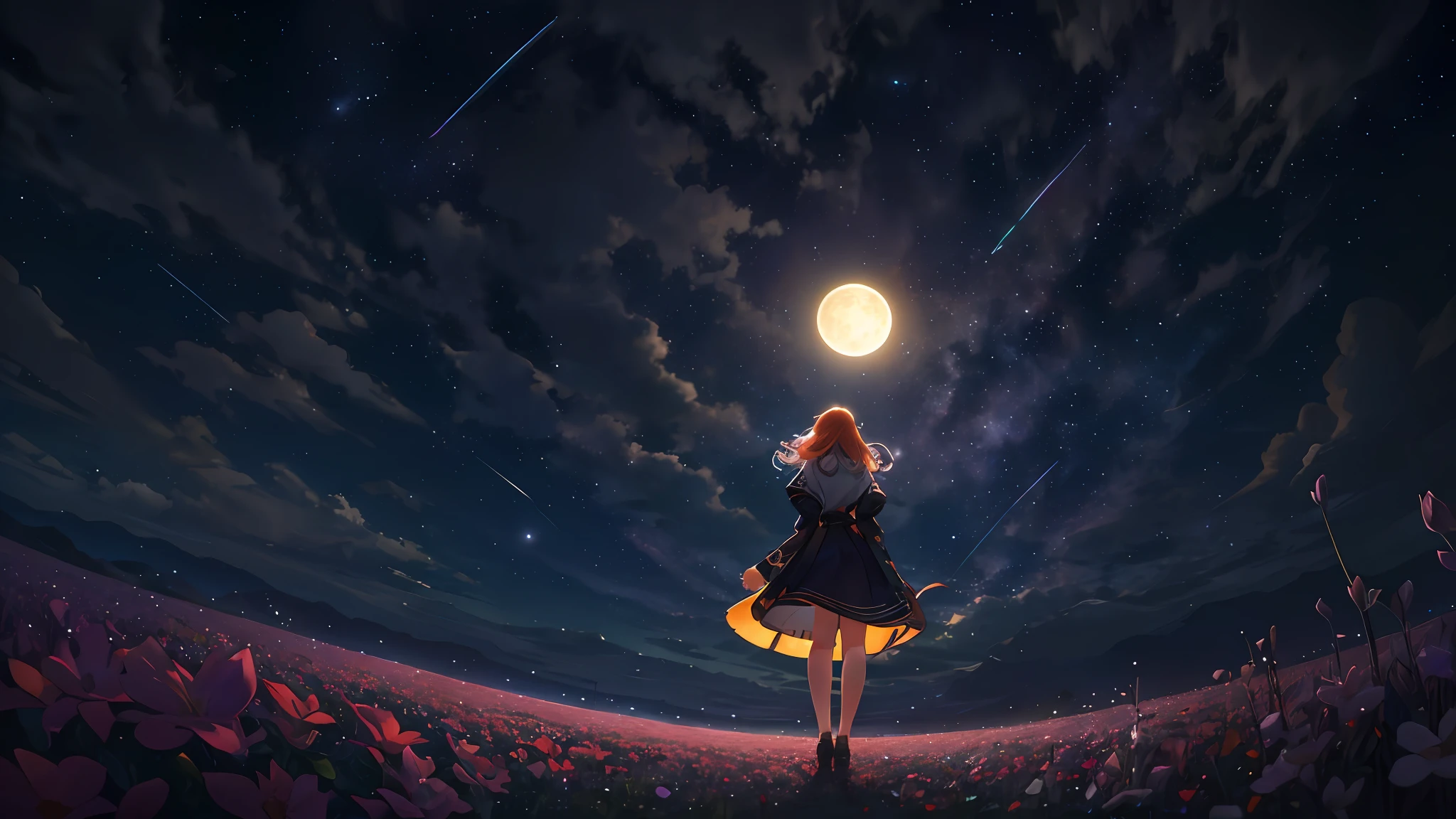 A wide landscape photo, (viewed from below, the sky is above, and the open field is below), a girl standing on a flower field looking up, (full moon: 1.2), (meteor: 0.9), (nebula: 1.3), distant mountains , Trees BREAK Crafting Art, (Warm Light: 1.2), (Firefly: 1.2), Lights, Lots of Purple and Orange, Intricate Details, Volumetric Lighting BREAK (Masterpiece: 1.2), (Best Quality), 4k, Ultra Detailed, (Dynamic Composition: 1.4), Rich in Detail and Color, (Rainbow Color: 1.2), (Glow, Atmospheric Lighting), Dreamy, Magical, (Solo: 1.2)