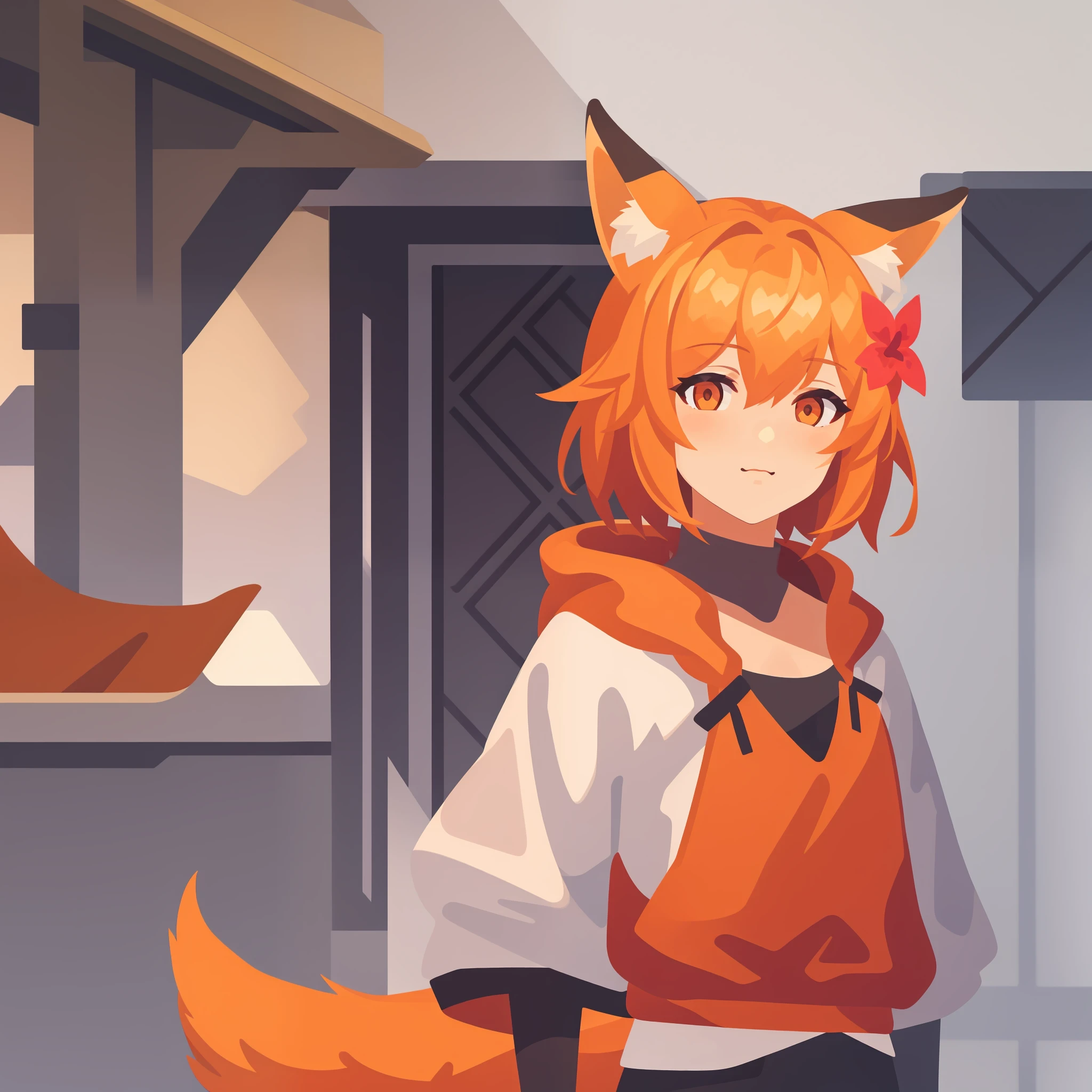 sen, animal ears, fox ears, fox girl, fox tail, hair flower, hair ornament, orange eyes, orange hair, short hair, tail, coloredic0n icon