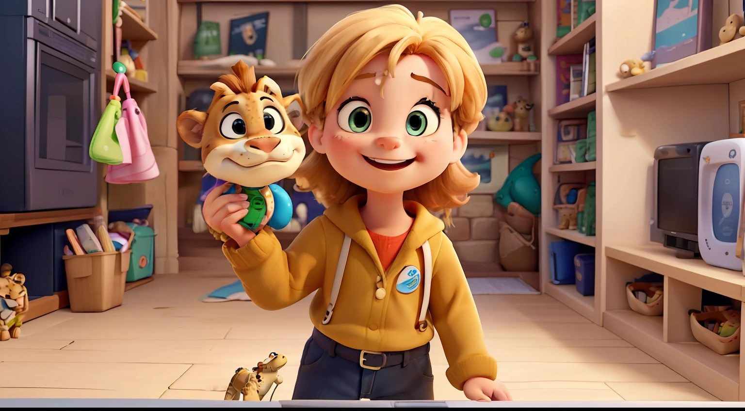 Tue as a Digital Marketing Creator. The goal is a viral cover for YouTube about charades. Make a piece of a caricature of a child with a very thoughtful, funny, and happy, very captivating expression, holding a toy airplane in one hand and a toy lion in the other hand. Put in the piece, too: an alligator, a giraffe, brick and a refrigerator