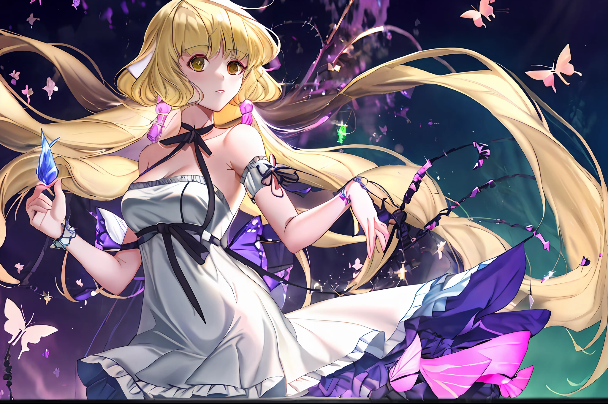 Young blonde anime girl in a white sundress, with a pink crystal butterfly hairpin, holding a tesseract