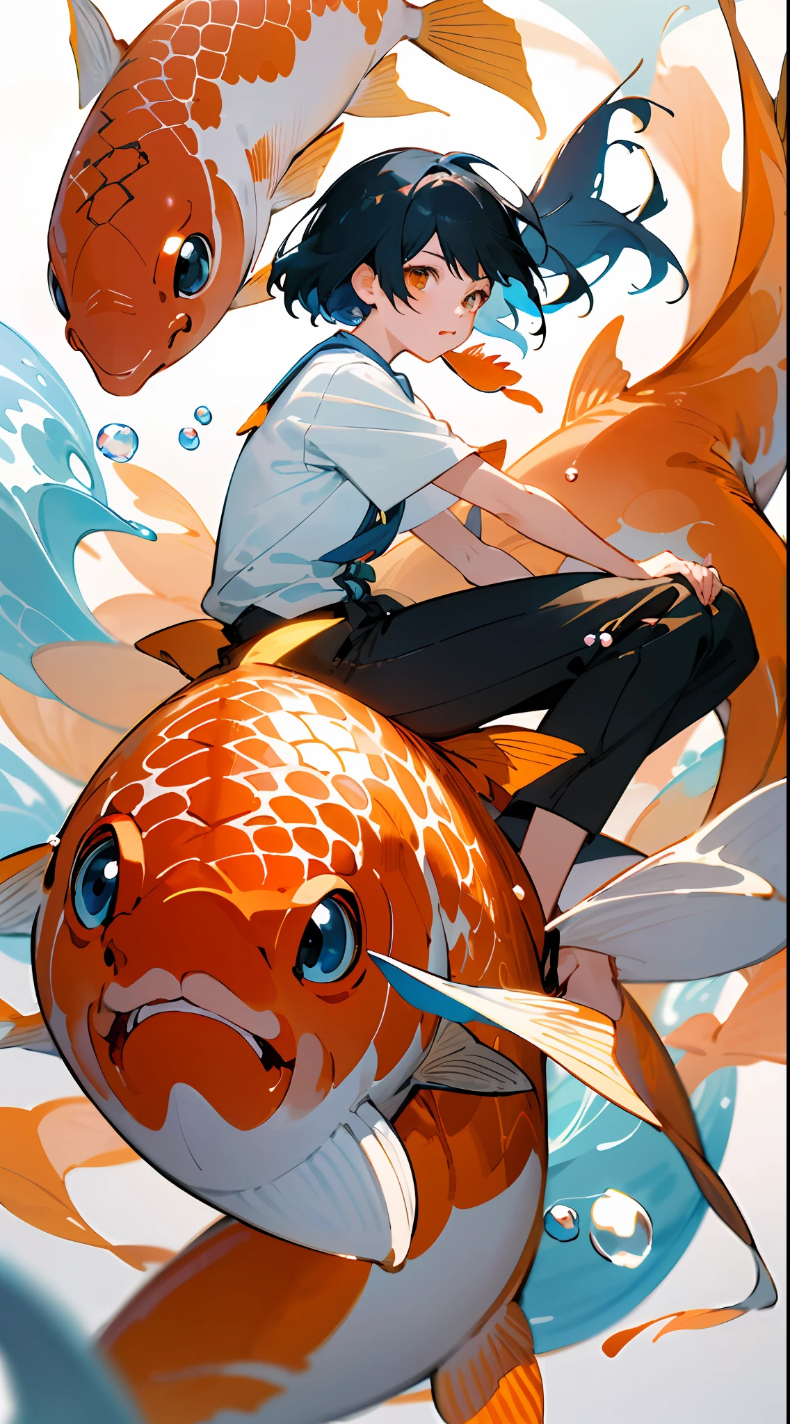 Anime girl sitting on orange fish in water with bubbles around, beautiful anime artwork, anime fantasy illustration, anime illustration, beautiful artwork illustration, artstation pixiv trend, anime style illustration, beautiful anime art, trending anime art, floating koi, by Yang J, artgerm and atey ghailan, beautiful anime art style, anime style 4k