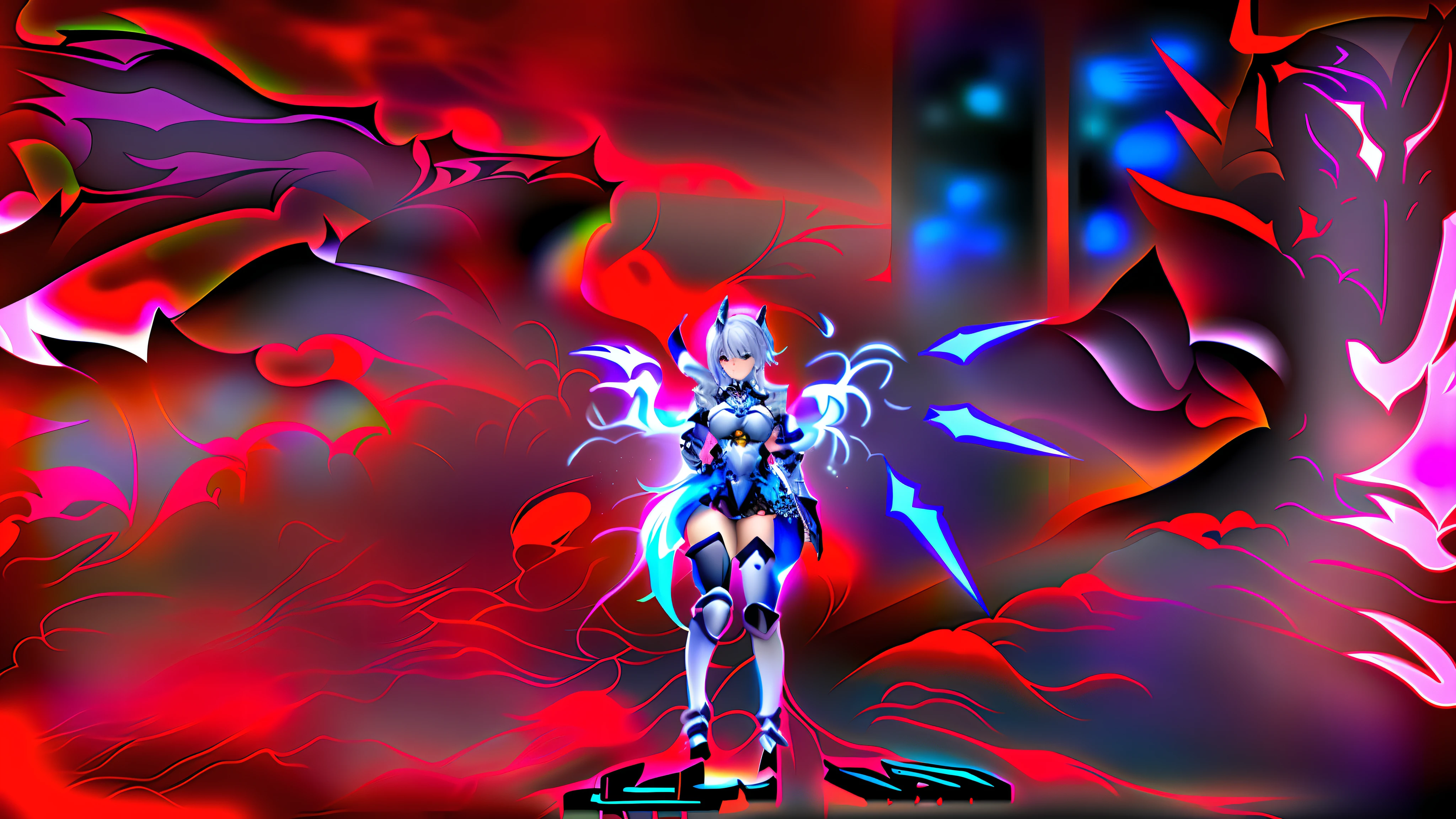 (Masterpiece) There is a woman with a sword standing in a room, sharp silver armor fuchsia skin from the video game Azur Lane, fuchsia skin under armor dressed in ethereal battle armor, sacred cyborg necromancer girl, mechanized Valkyrie girl, < MMORPGS scene, Ayaka Genshin Impact, PC screenshot, fuchsia skin under armor