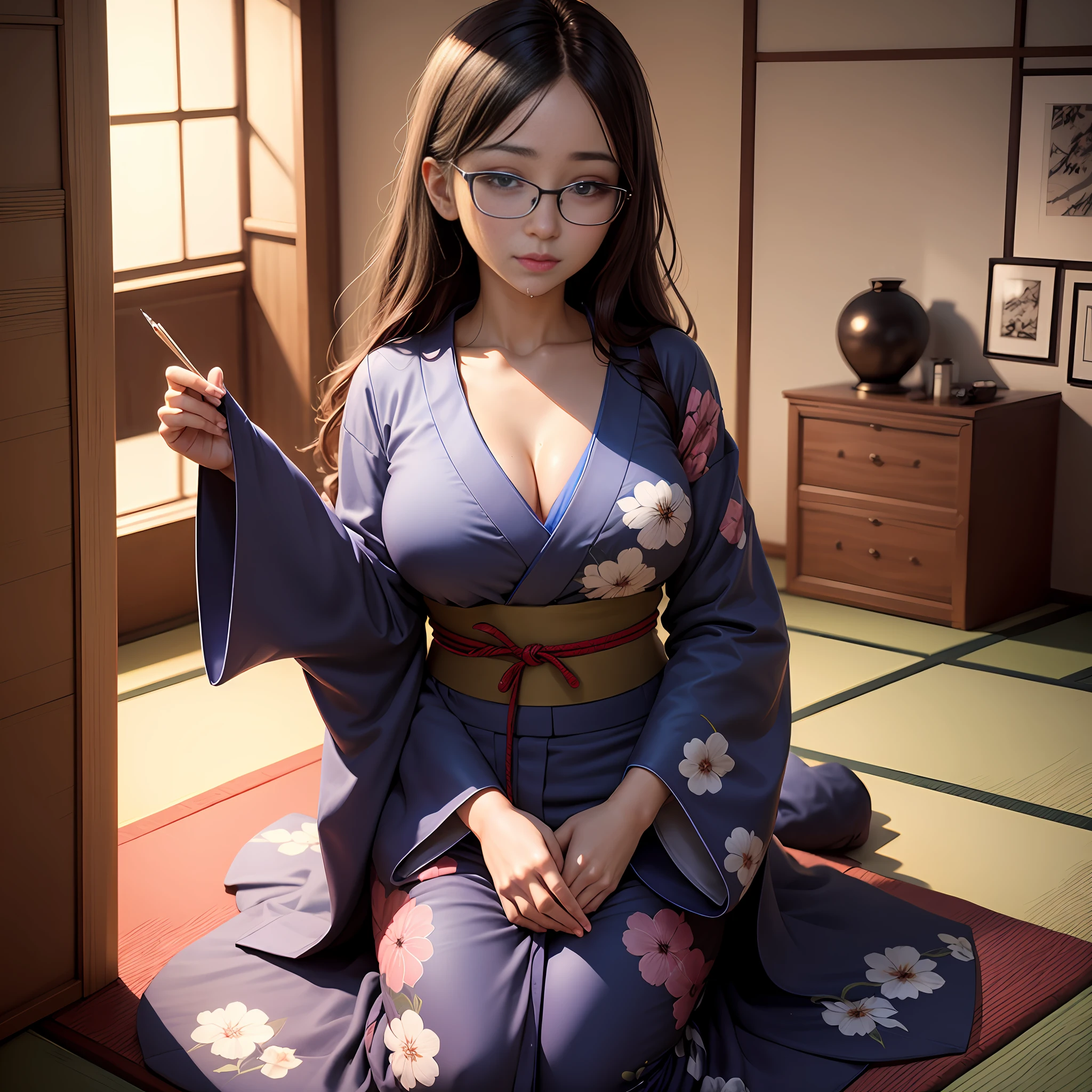 clearface,master-piece,hyper quality,hyper detailed,perfect drawing,CG,3D,8k,illustration,beautiful face girl,hiten_1,solo,solo,beauty,glasses,yukata,glowing body,reddish skin,drooling,fluffy chest、moist eyes、seduction,indulgence,aphrodisiac, Japanese-style room, tatami mats, futons, accurate drawings, detailed drawings --auto