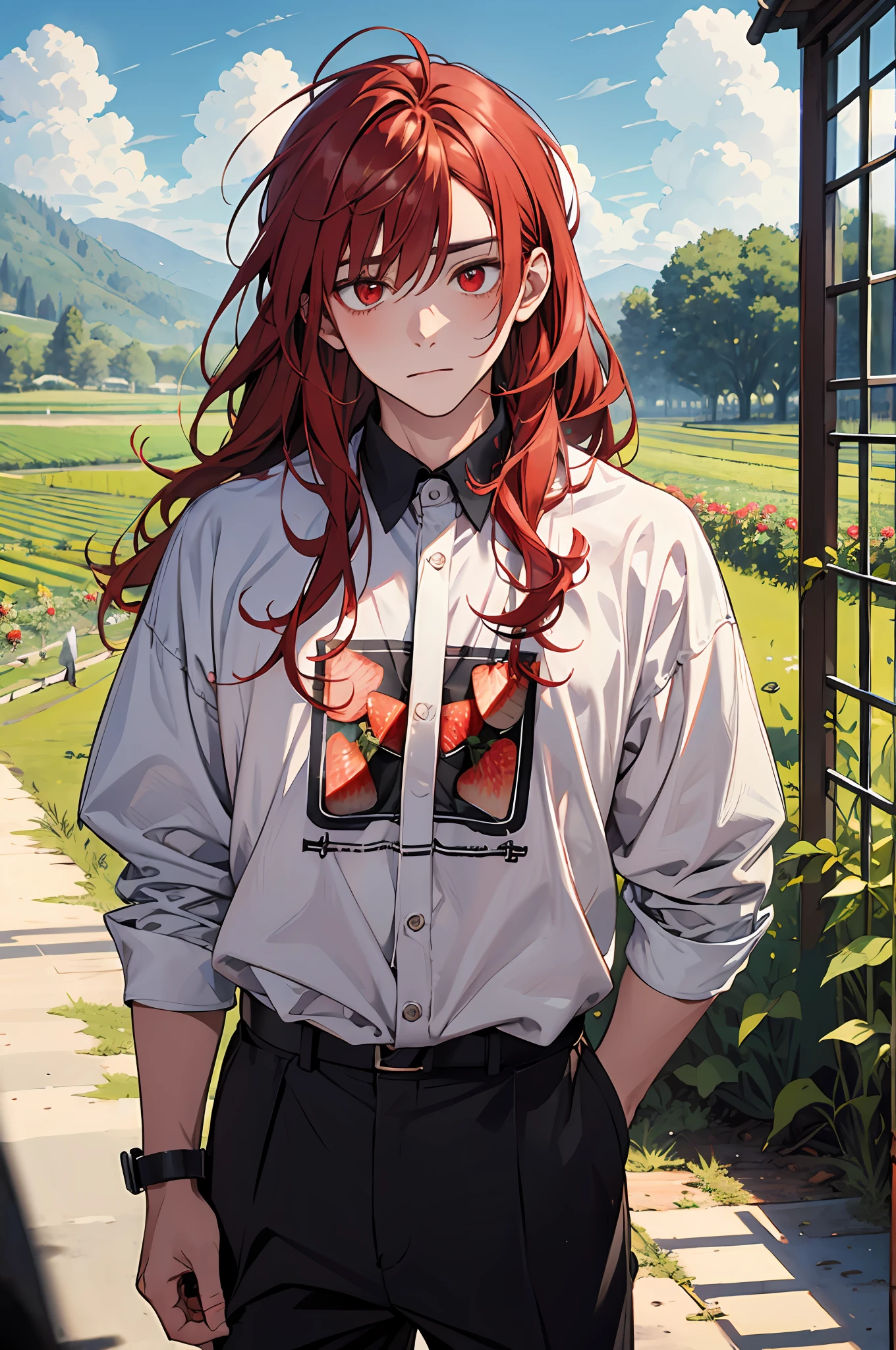 (masterpiece, best quality), 1 male, teenager, strawberry farm, red hair, red eyes, shy face, portrait