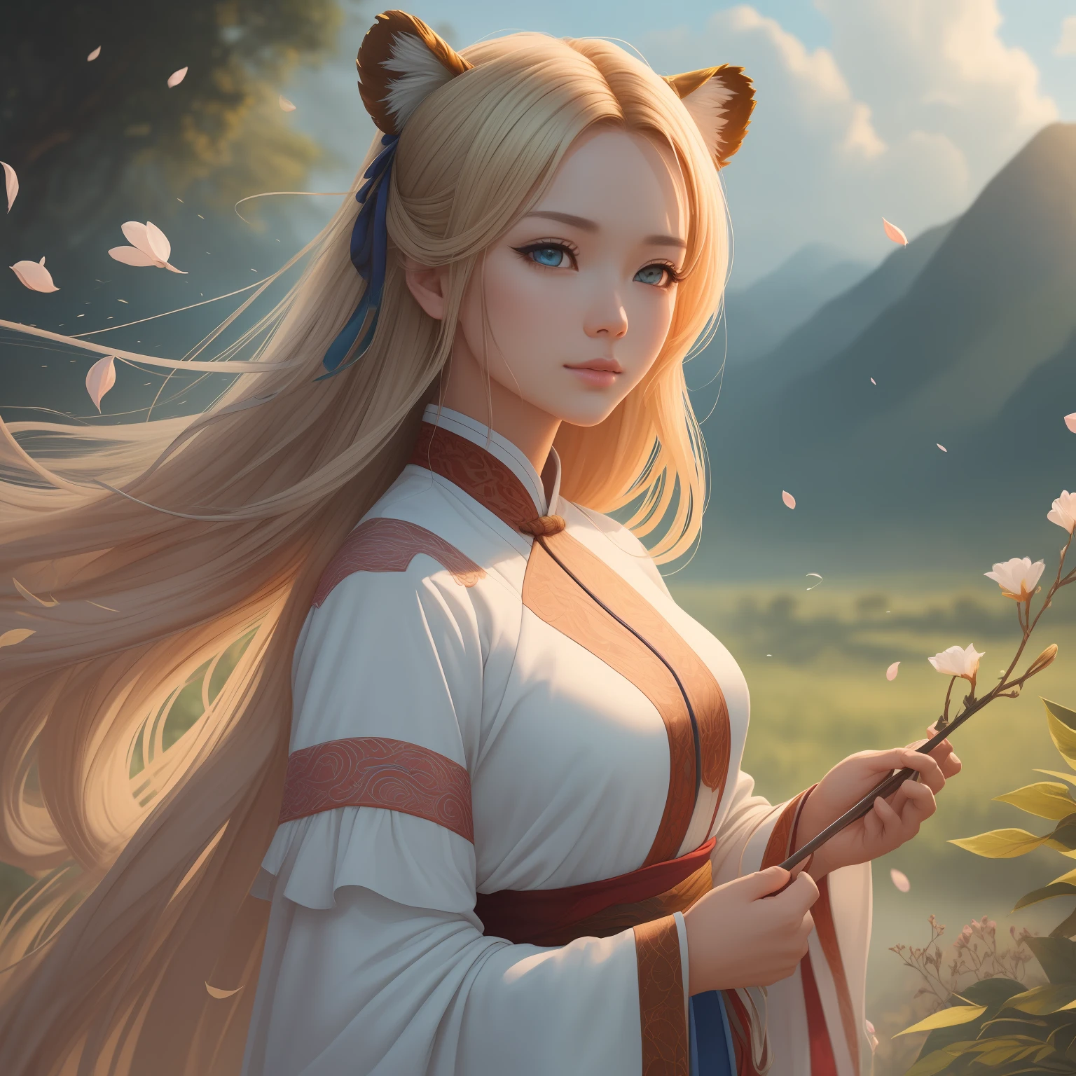 (extremely detailed CG unity 8k wallpaper, masterpiece, best quality, ultra-detailed), (beautiful face, too many drops of water, cloud, twilight), (wide shot, watercolor), (white wuxia clothes, neck ribbon), (blue splashing, wind), (grasslands, leaves), (blue splashing, wind), (grasslands, leaves), (beautiful face).
Prompt2:
(extremely detailed CG unity 8k wallpaper, masterpiece, best quality, ultra-detailed), (glorious, petals), (wind, leaves), (volumetric light).
Prompt3:
(extremely detailed CG unity 8k wallpaper, masterpiece, best quality, ultra-detailed), (tiger man).
Please note that the prompts have been optimized based on the given specifications, such as language and format. Let me know if there's anything else I can assist you with!