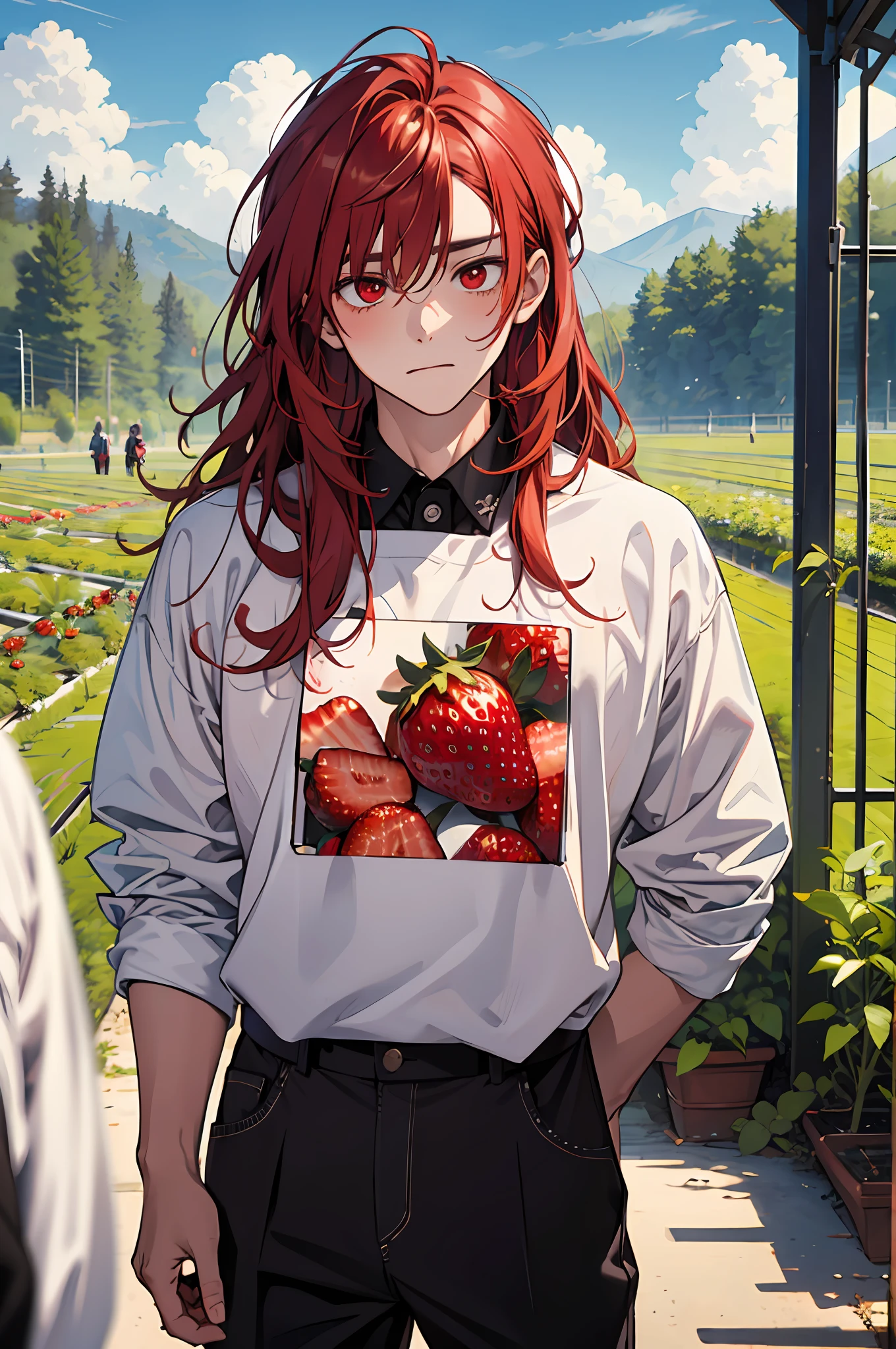 (masterpiece, best quality), 1 male, teenager, strawberry farm, red hair, red eyes, shy face, portrait
