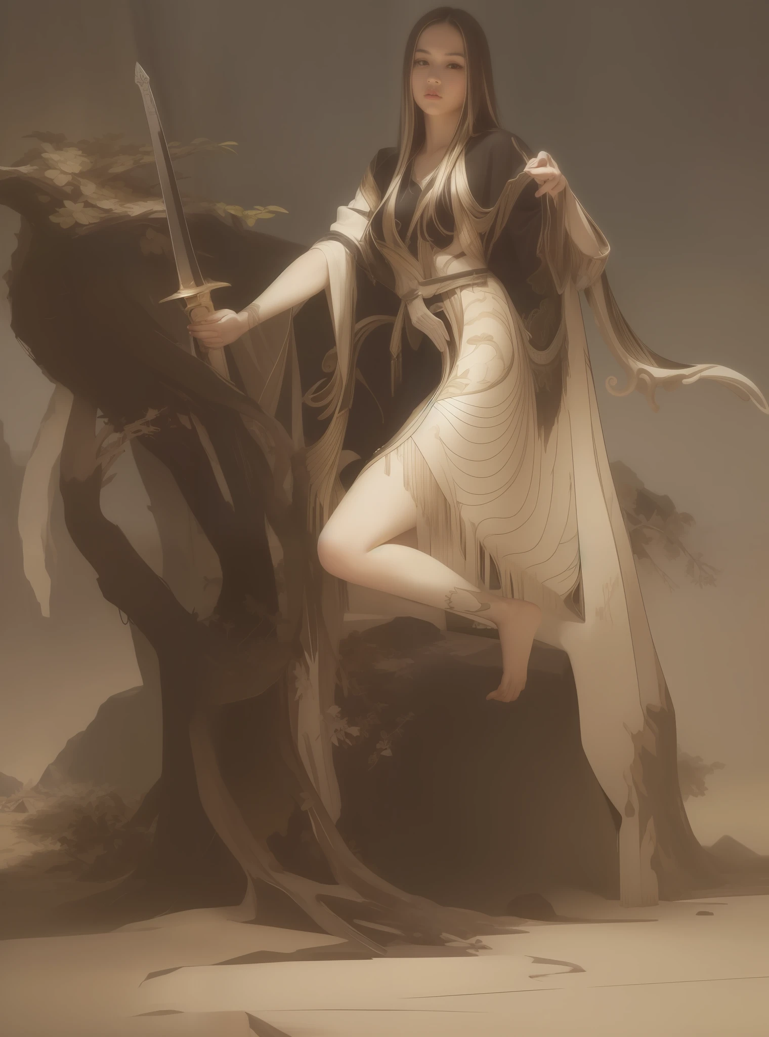 Beautiful woman with sword in hand by the dead tree on the cliff, woman with accurate body structure, anatomically correct, ccurate, white skin, red clothes, white bones on the ground, pointed peaks, strange mountains, bright natural colors, cold colors. Photographic Effects, Best Quality, Masterpiece, Ultra High Resolution, (Realistic:1.4), Original Photo, 1girl, (Small Breasts) Less Clothing.