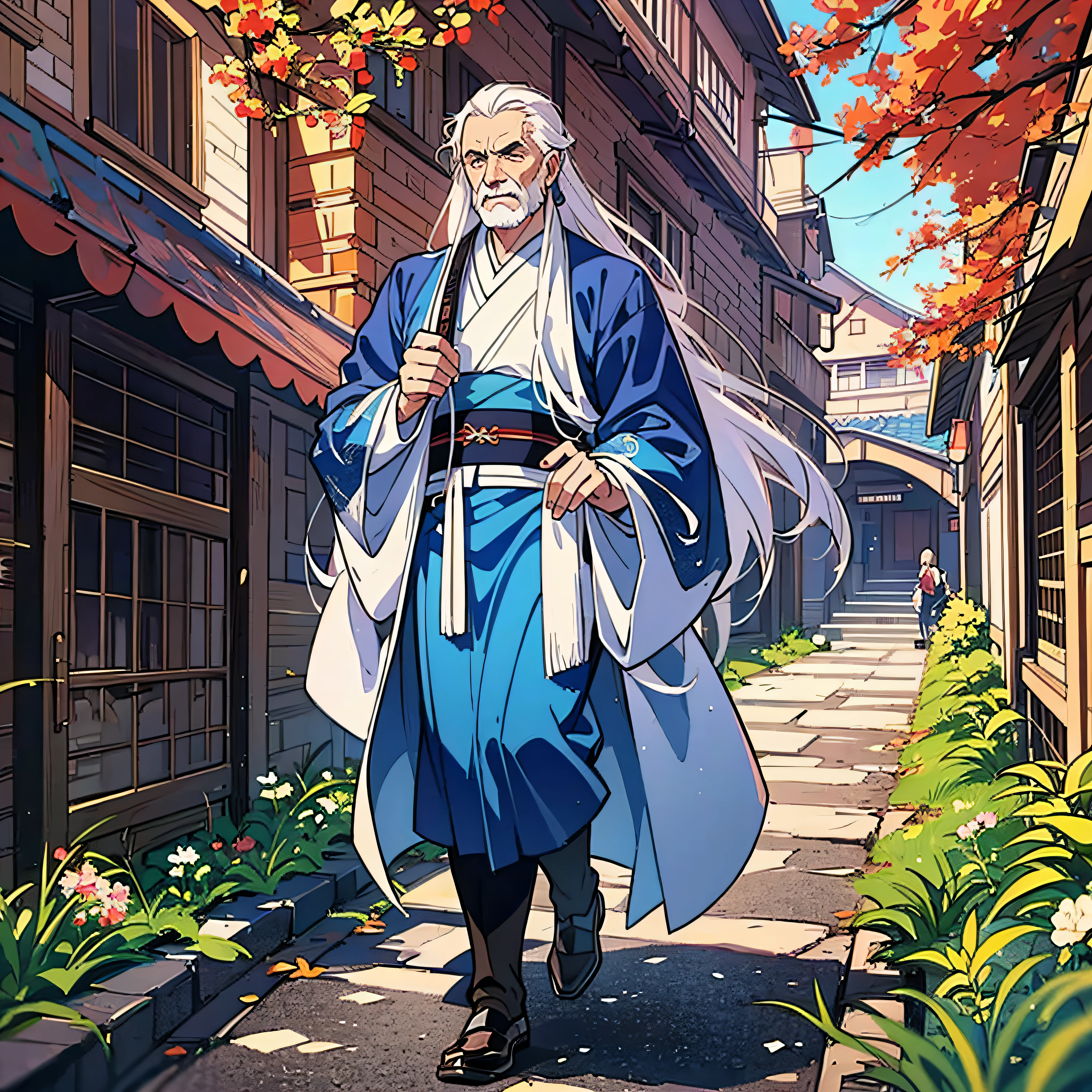 Masterpiece, outdoor, ancient China, antiquity, 1 old man, wrinkled face, in a cage, long hair, bundled hair, Hanfu, blue Hanfu, dark sky, walking on a country road