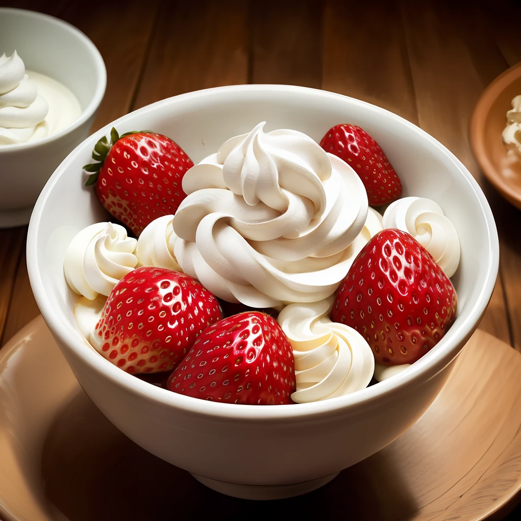 bowl of strawberry's and cream (masterpiece:1.2) (photorealistic:1.2)  (best quality) (detailed skin:1.3) (intricate details) (8k) (HDR) (cinematic lighting) (sharp focus)