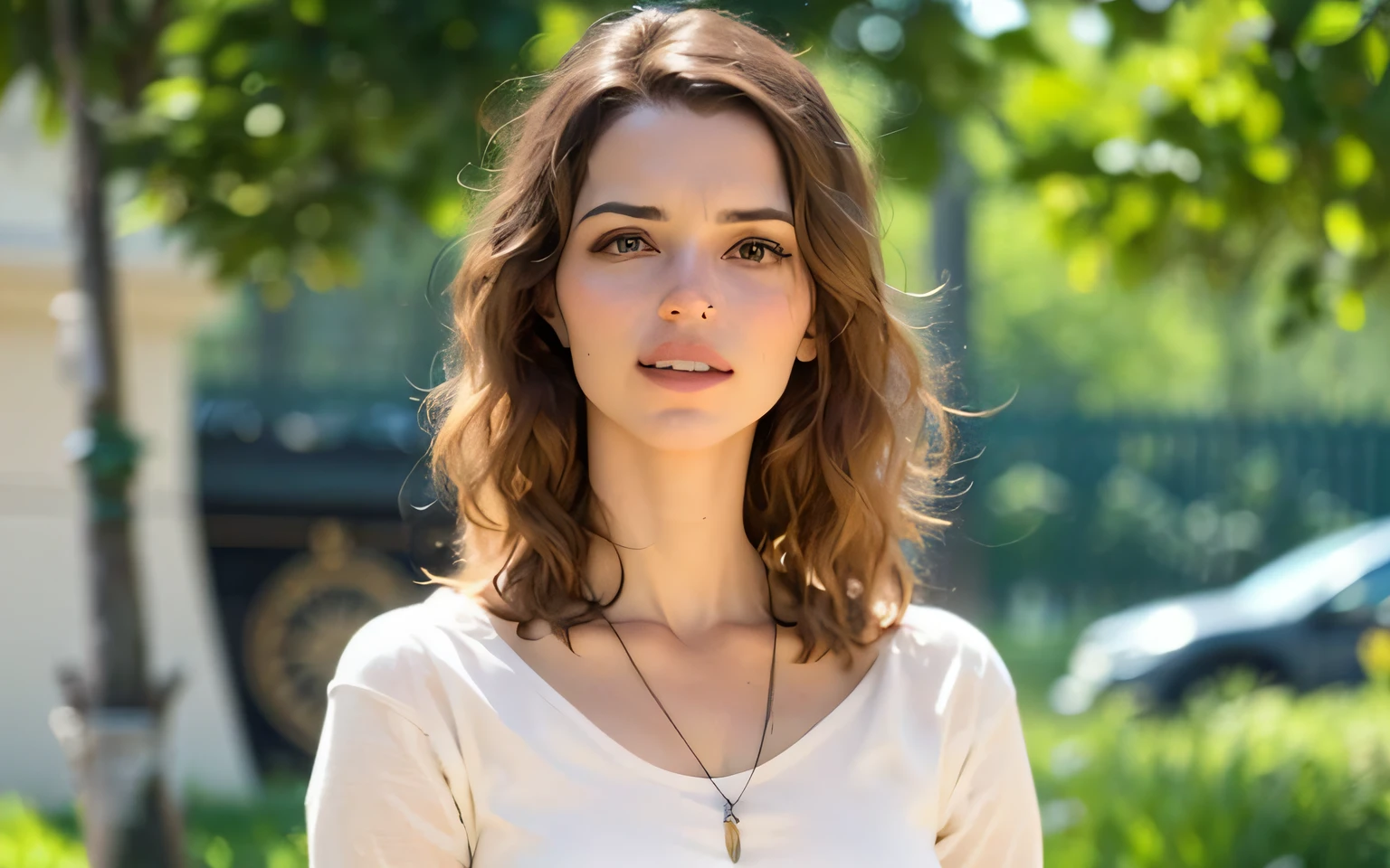 A closeup of a woman with a necklace around her neck,((wearing a black flowered dress))