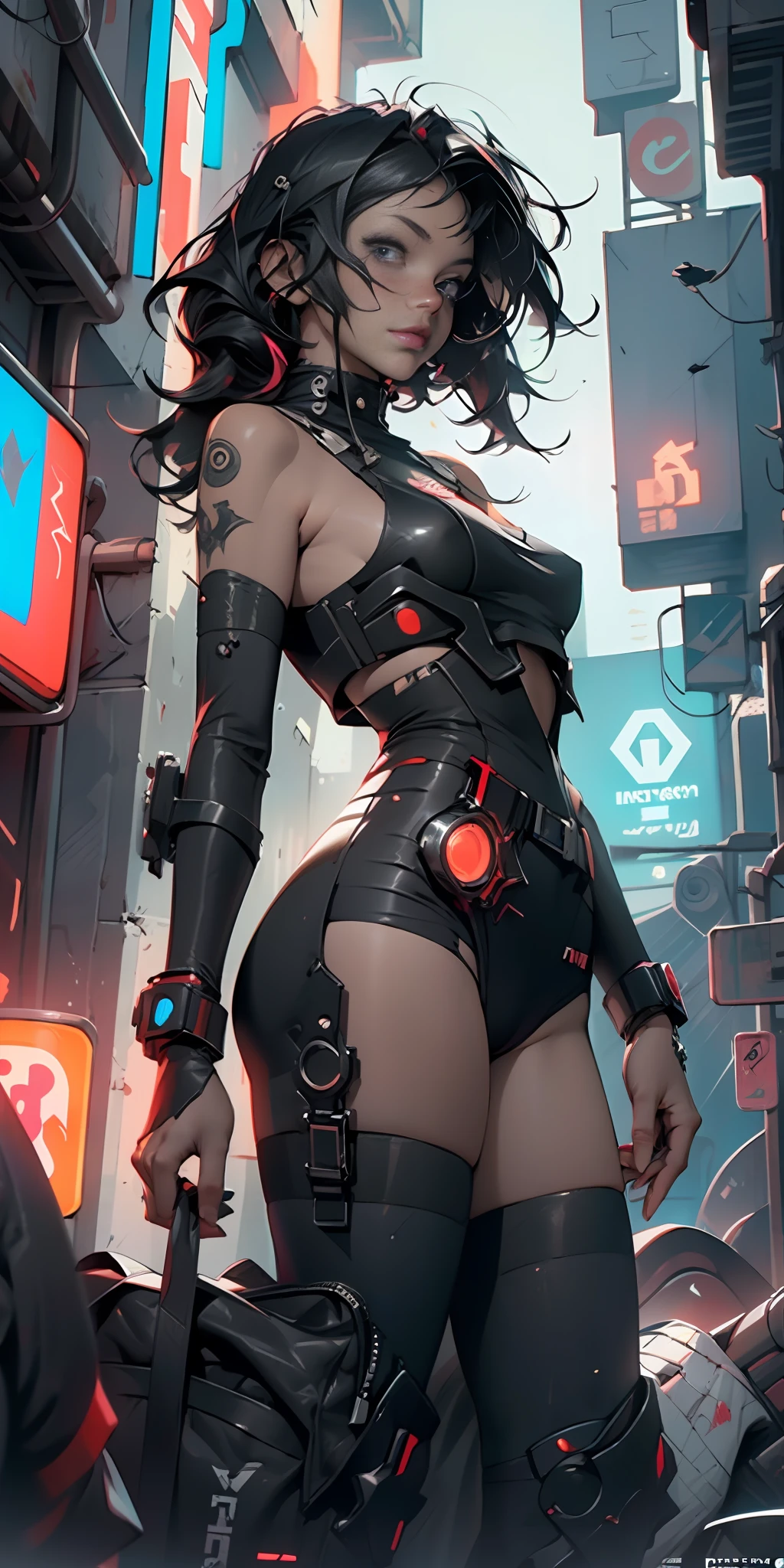 ((Best quality)), ((masterpiece)), (highly detailed:1.3), 3D, black woman goddess (cyberpunk:1.3), woman dressed as sexy one-piece maid, long black hair looking at camera, nsfw