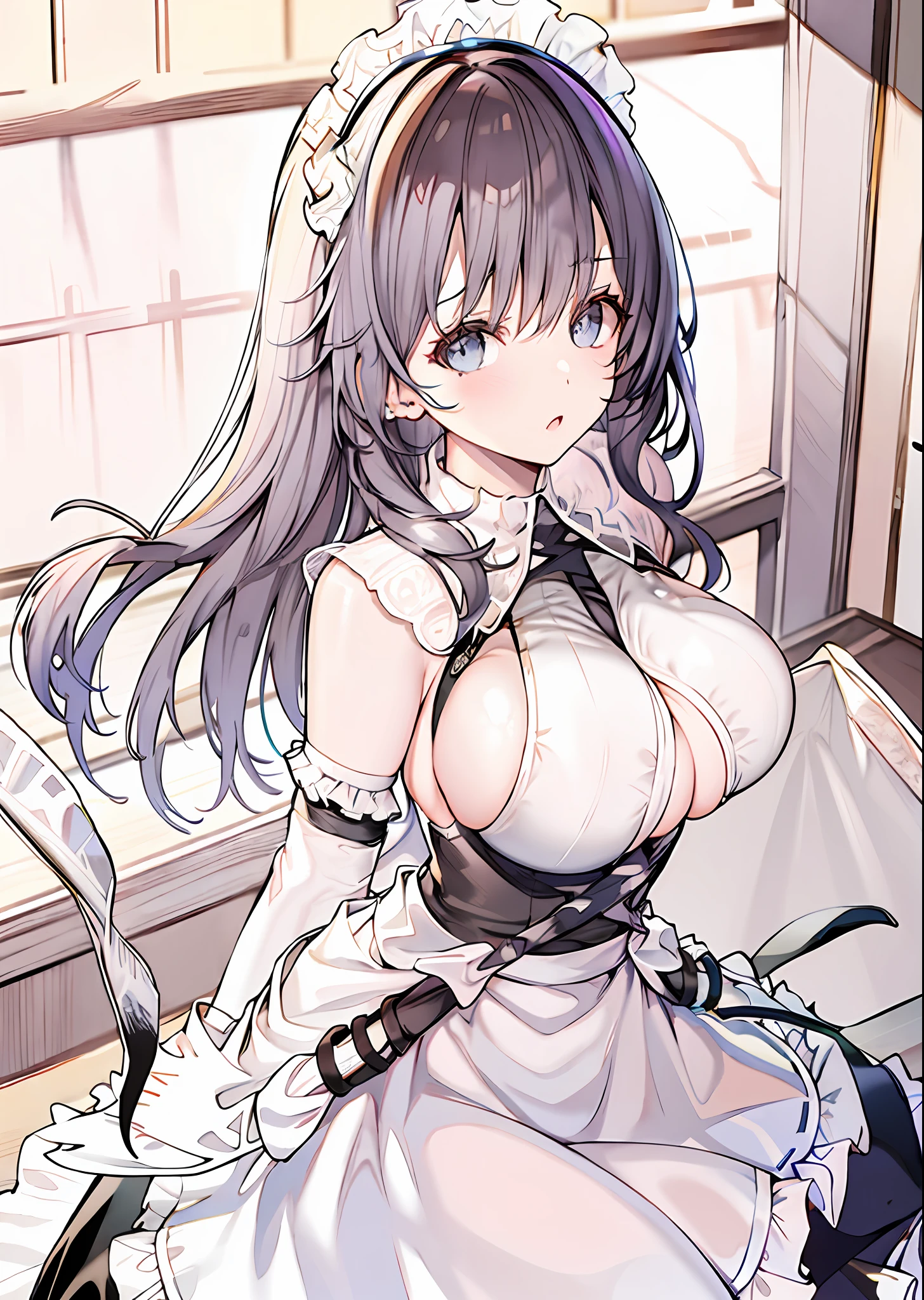 charybdis\(azur lane\), \(origen\), enmaided,indoors,cowboy shot, arms behind back, masterpiece, best quality, extremely detailed face, sharp details, high contrast,