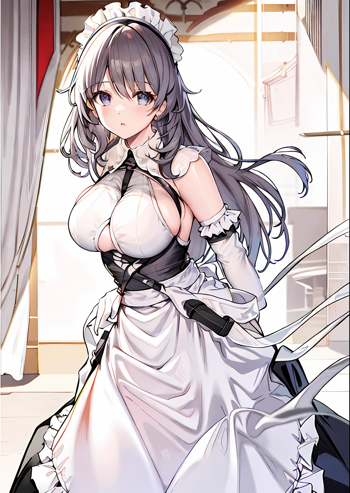 charybdis\(azur lane\), \(origen\), enmaided,indoors,cowboy shot, arms behind back, masterpiece, best quality, extremely detailed face, sharp details, high contrast,