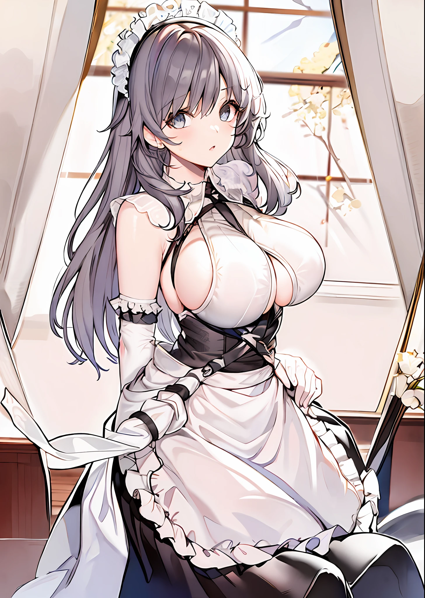 charybdis\(azur lane\), \(origen\), enmaided,indoors,cowboy shot, arms behind back, masterpiece, best quality, extremely detailed face, sharp details, high contrast,