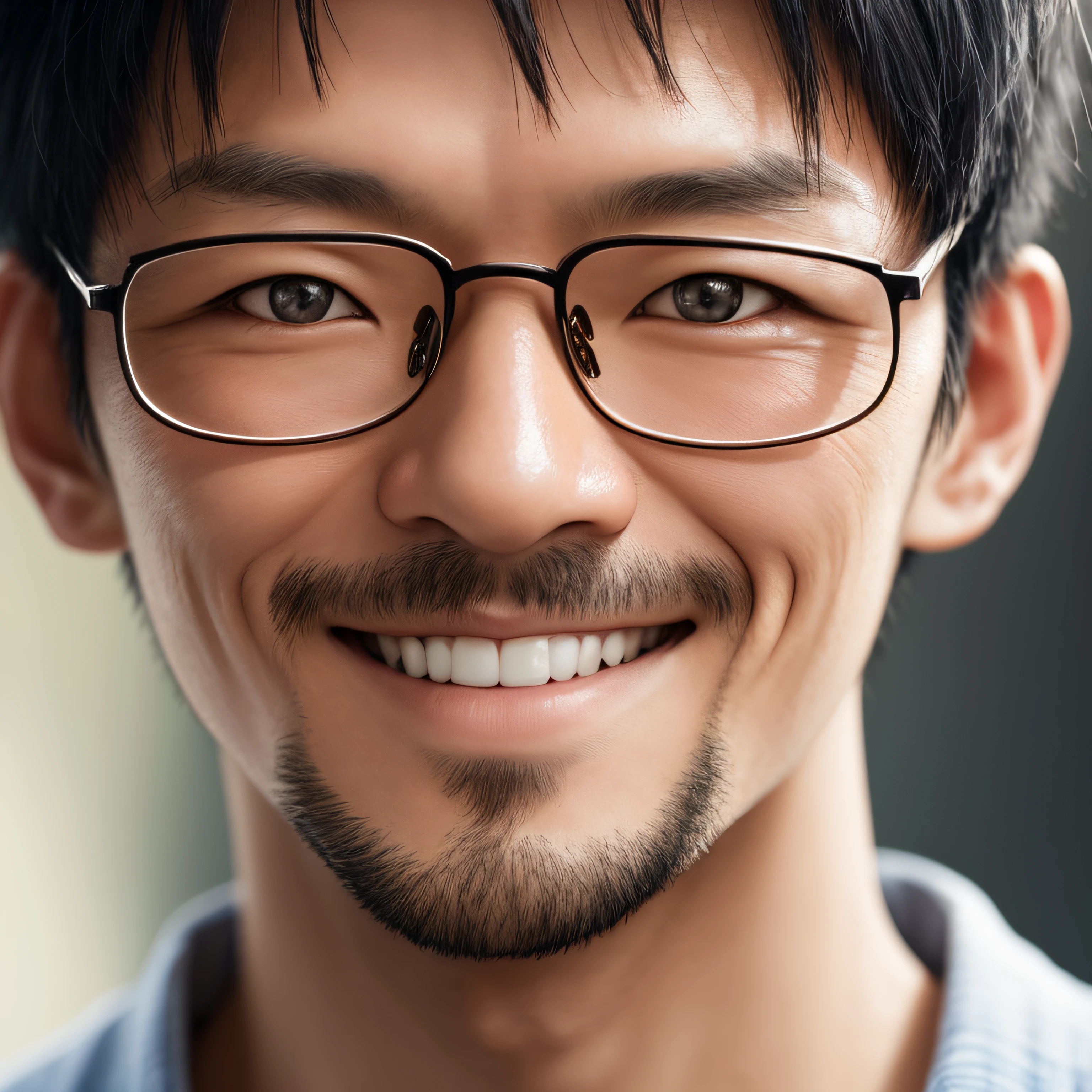 photo of a Japanese man's face wearing glasses, smiling, zoom in, portrait of an adult male photograph, Japanese man, smooth face, studio photography, full frame, close-up portrait, photography, male model, 40s, (skin texture), skin pores, shallow depth of field, focus sharp eyed, smooth face without beard --auto