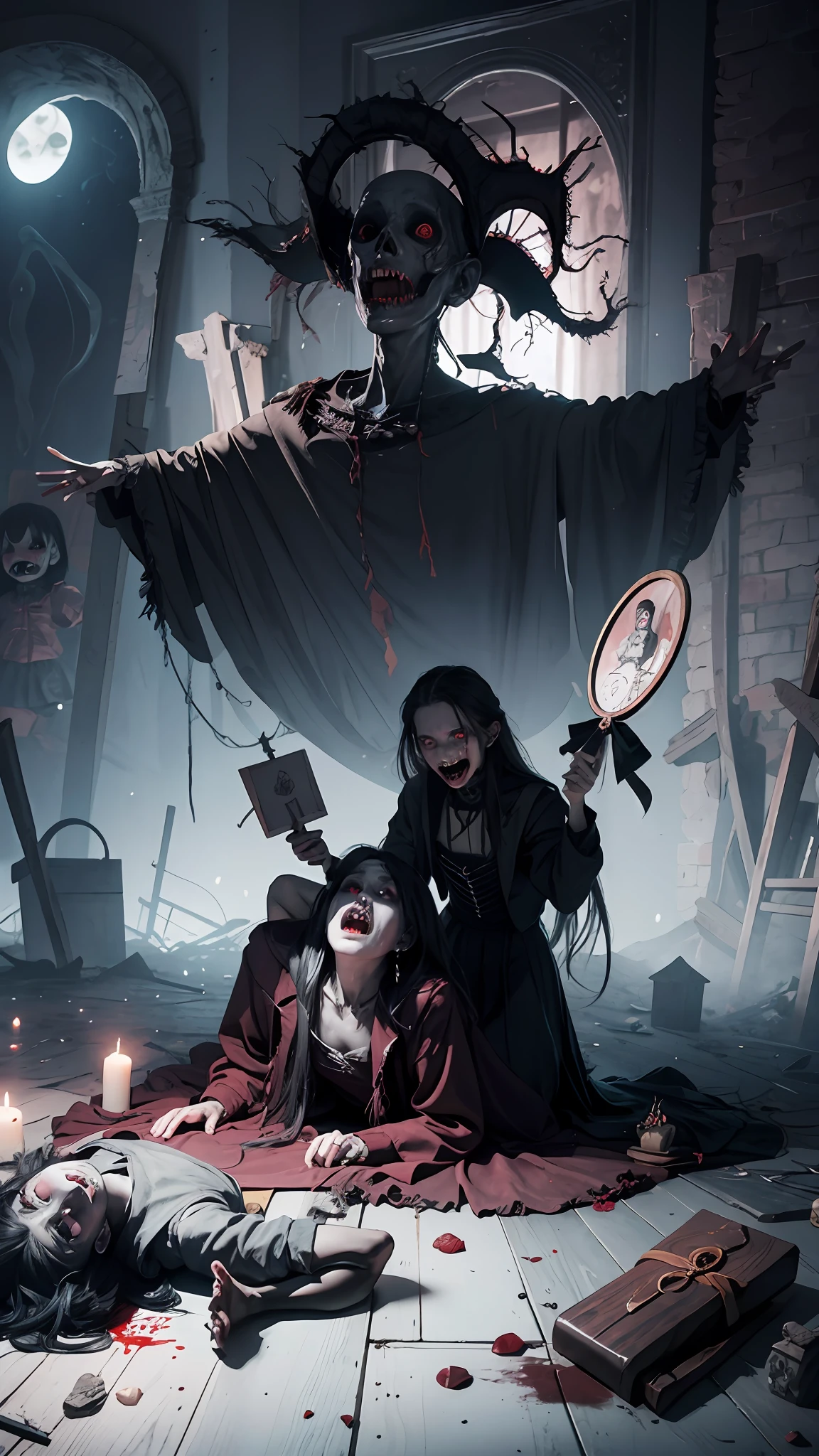 Haunted graveyard,Sinister shadows,Creepy abandoned house,Malevolent spirits,Bloodcurdling screams,Cursed dolls,Terrifying clowns,Macabre rituals,Grave robbers,Chilling whispers,Possessed mirrors,Haunted paintings,Creaking floorboards,Mysterious disappearances,Forbidden rituals