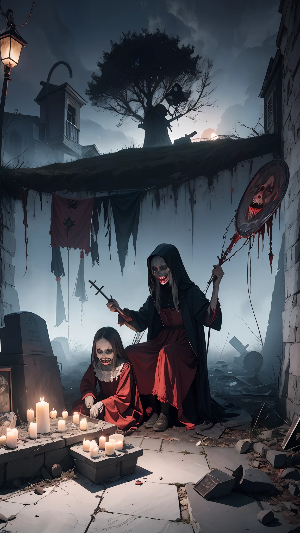 Haunted graveyard，Sinister shadows，Creepy abandoned house，Malevolent spirits，Bloodcurdling screams，Cursed dolls，Terrifying clowns，Macabre rituals，Grave robbers，Chilling whispers，Possessed mirrors，Haunted paintings，Creaking floorboards，Mysterious disappearances，Forbidden rituals