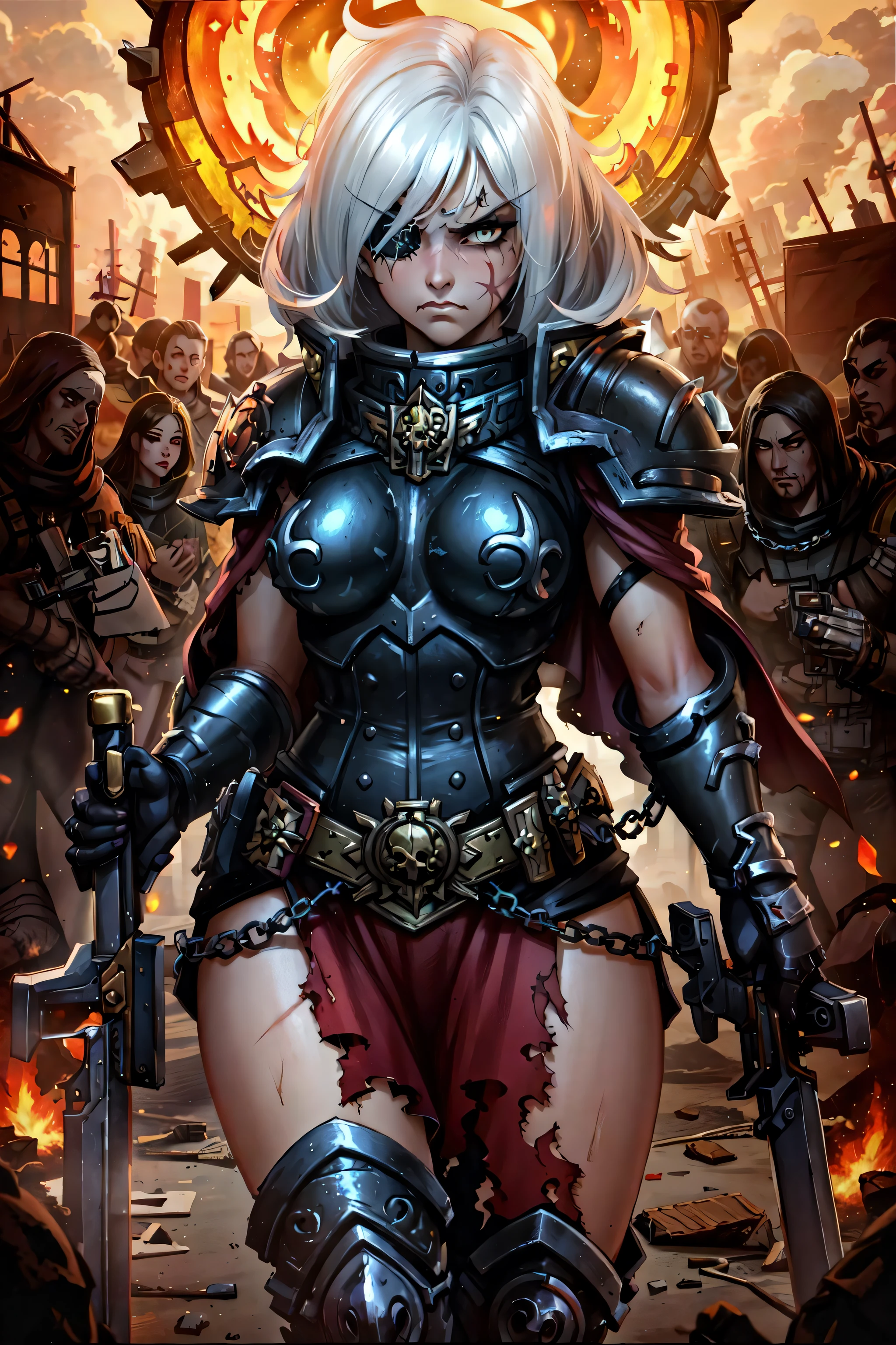 (masterpiece:1.2), (best quality:1.2), perfect eyes, perfect face, perfect lighting, 1girl, mature whsororitas holding chain sword, scar over one eye, eyepatch, red tabard, white hair, angry, frowning, warhammer 40k, chaos, fire, scifi, detailed ruined city background