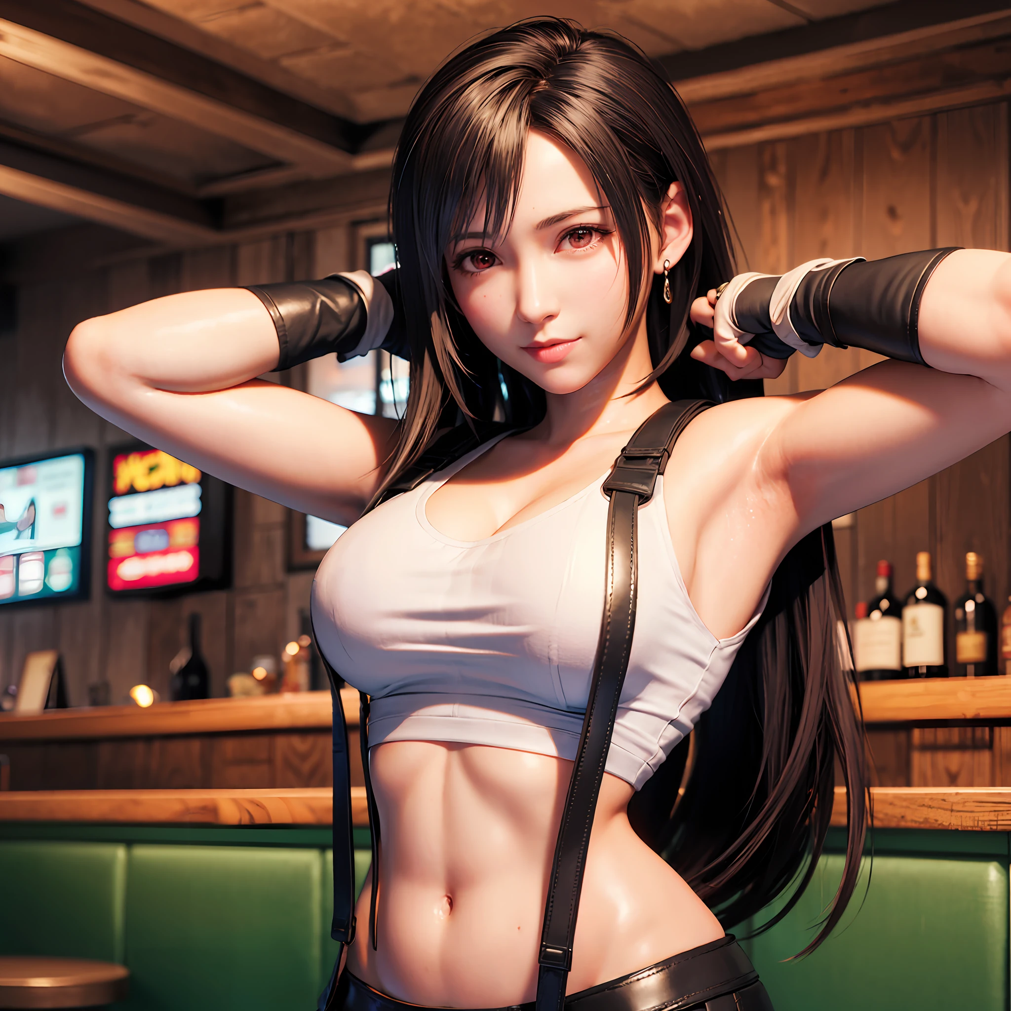 8k,masterpiece, bset quality,big, (1 girl), tifa lockhart, red_eyes, black hair, long hair, shiny skin, shiny big, ((best quality)), crisp focus: 1.2, highly detailed face and skin texture, detailed eyes, perfect face, perfect body, art, cg, blur background, big with presence, (20yo, mature cool and beautiful face), wearing ((suspender black skirt)),( black elbow gloves, white taut shirt, thigh, white tank top, belly button), jukebox, old bar, upper body, smile,