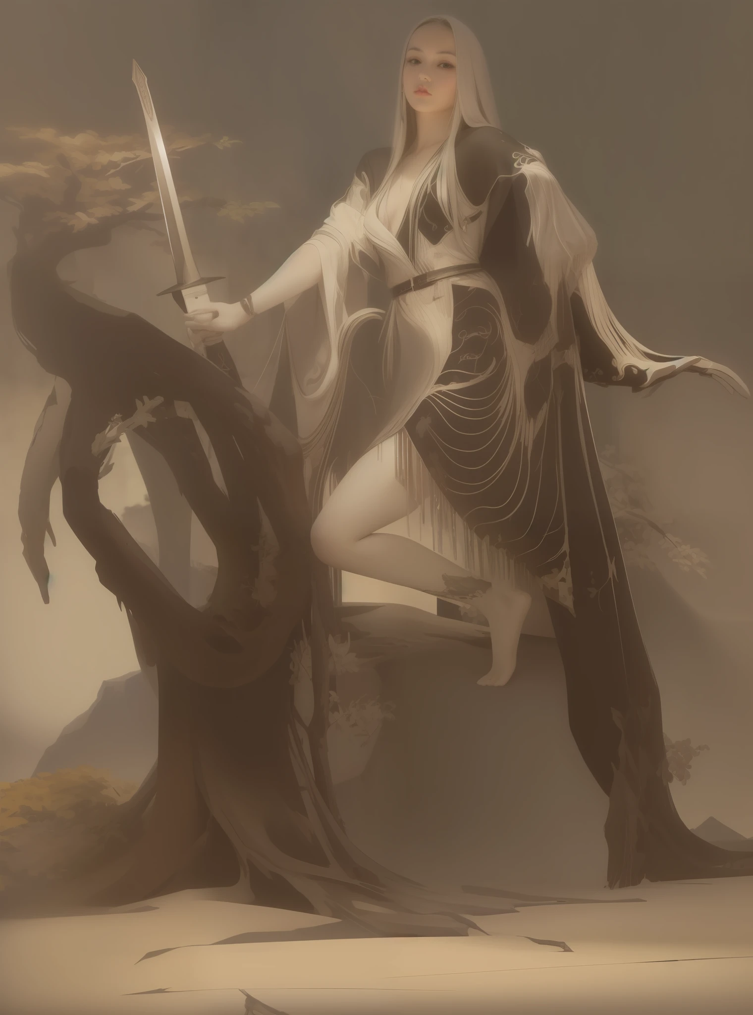 Beautiful woman with sword in hand by the dead tree on the cliff, woman with accurate body structure, anatomically correct, ccurate, white skin, red clothes, white bones on the ground, pointed peaks, strange mountains, bright natural colors, cold colors. Photographic Effects, Best Quality, Masterpiece, Ultra High Resolution, (Realistic:1.4), Original Photo, 1girl, (Small Breasts) Less Clothing.