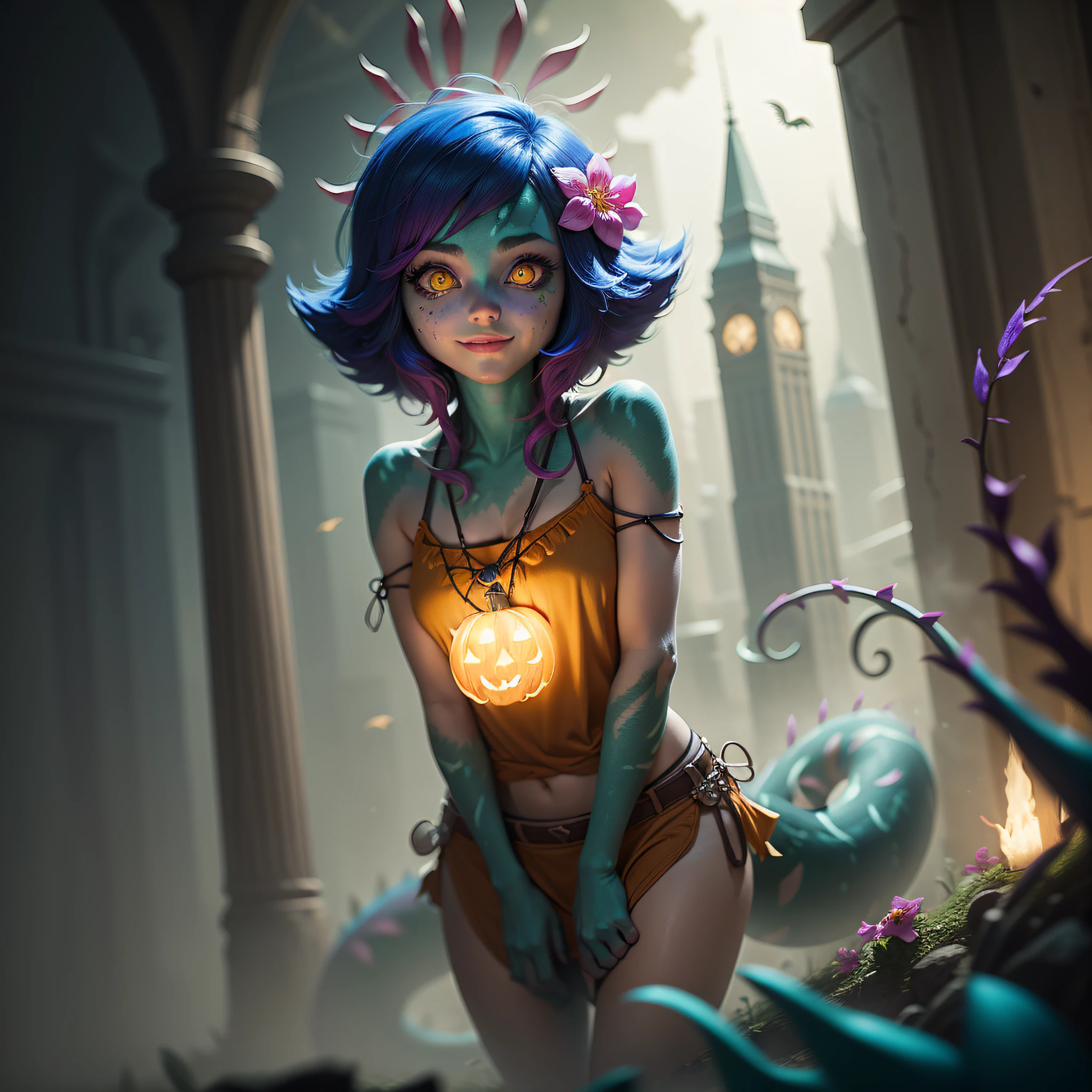 night, stylized, a city covered ruins shrouded in mist, cinematic lighting, dynamic angle, floating, off center, neeko, pink flower on head,purple flower,purple thorn on head, bright blue frog, yellowish top, (small human, reptile tail), halloween, mini short short, mini brown short, very large eyes, (orange eyes, bright eyes, yellow sclera), beautiful smile, short hair, wavy hair, blue and pink hair.