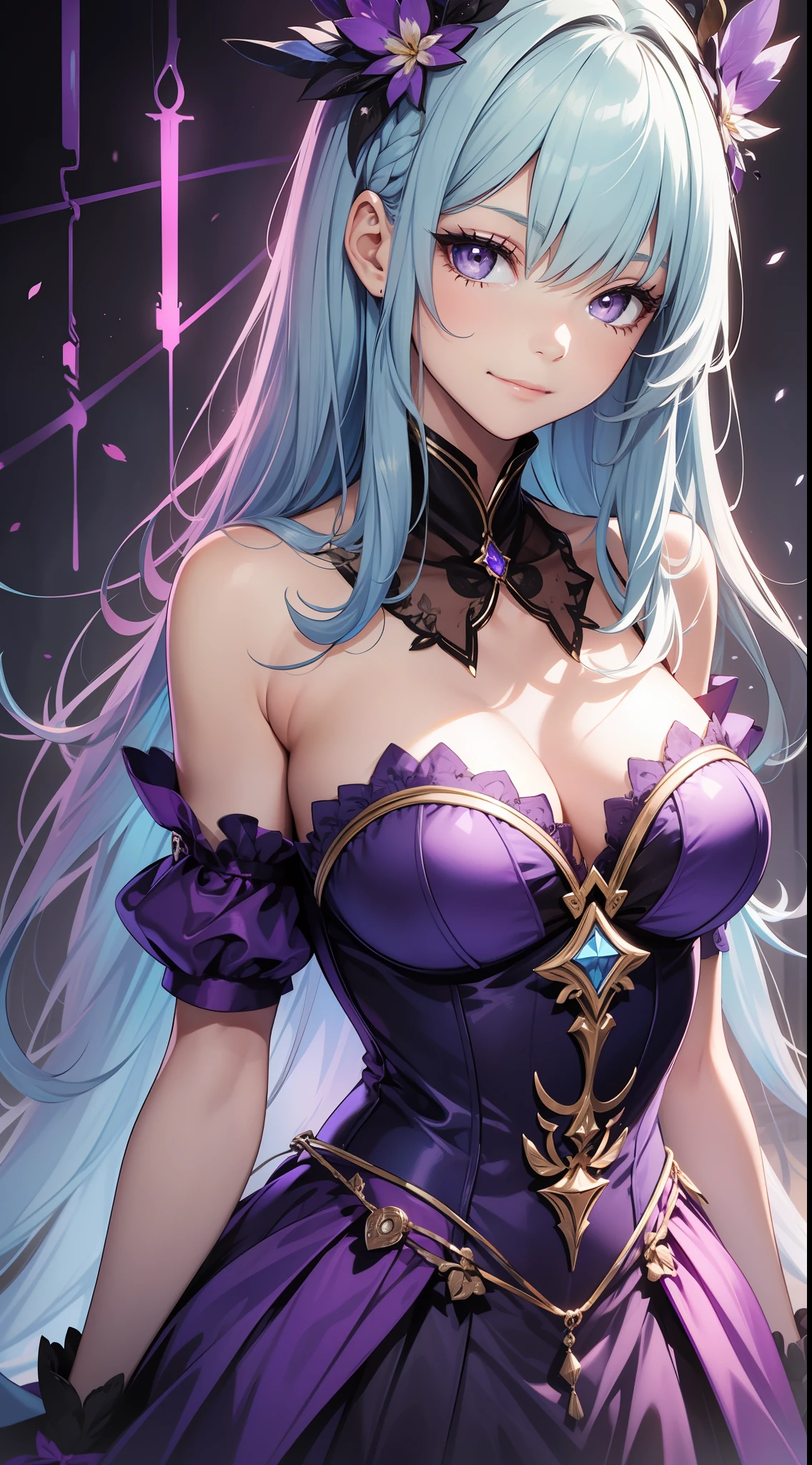 Young girl, long light blue hair, purple eyes, smirk, purple princess dress, chest neckline, masterpiece, high quality
