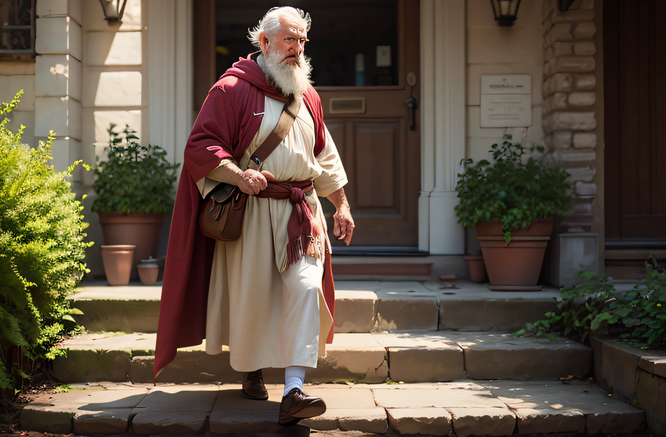 Bearded old man with tunic and step in the ompro